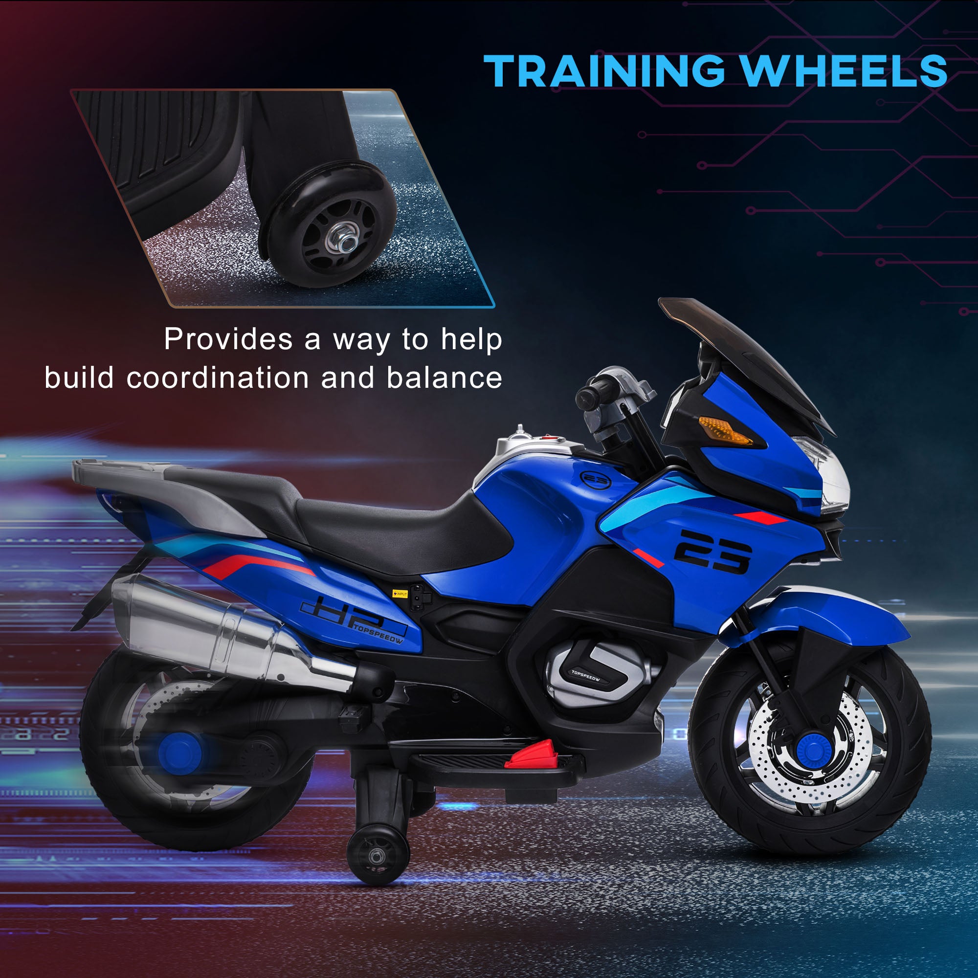 12V Kids Electric Motorcycle with Training Wheels, Battery Power Ride on Motorbike, High-Traction at 3.7 Mph Top Speed, with Light Music, Blue