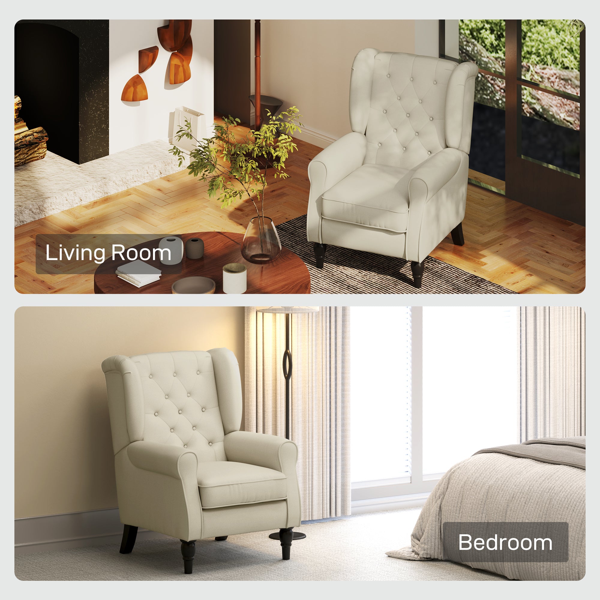 Button-Tufted Accent Chair with High Wingback, Rounded Cushioned Armrests and Thick Padded Seat, Cream White
