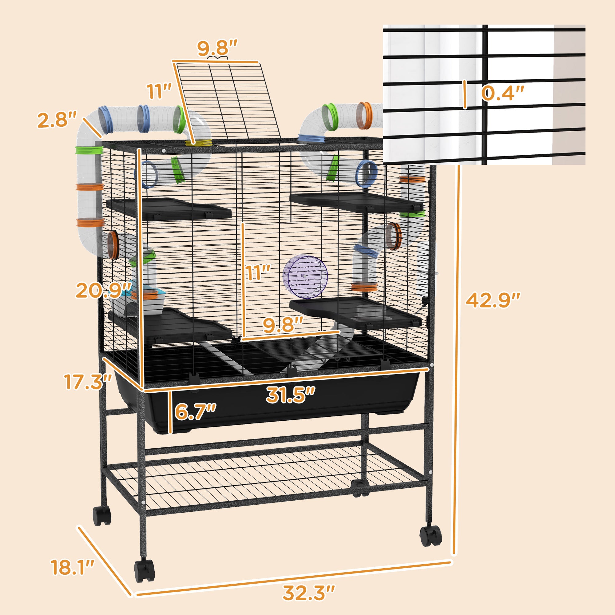 Small Animal Cage for Syrian Hamster, Gerbil Cage with Tubing System, Running Wheel, Ramps, Platforms - Black - Image 3