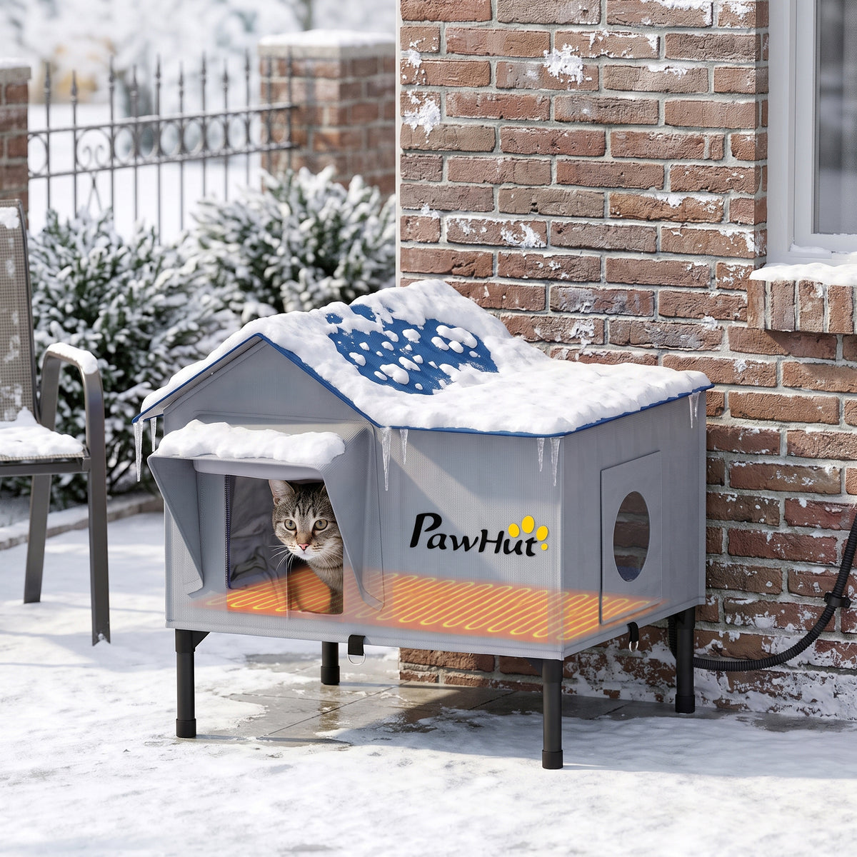 Heated Cat House Weatherproof with Heating Pad, Elevated Base, Safe Escape Door, for Stray, Barn Cats