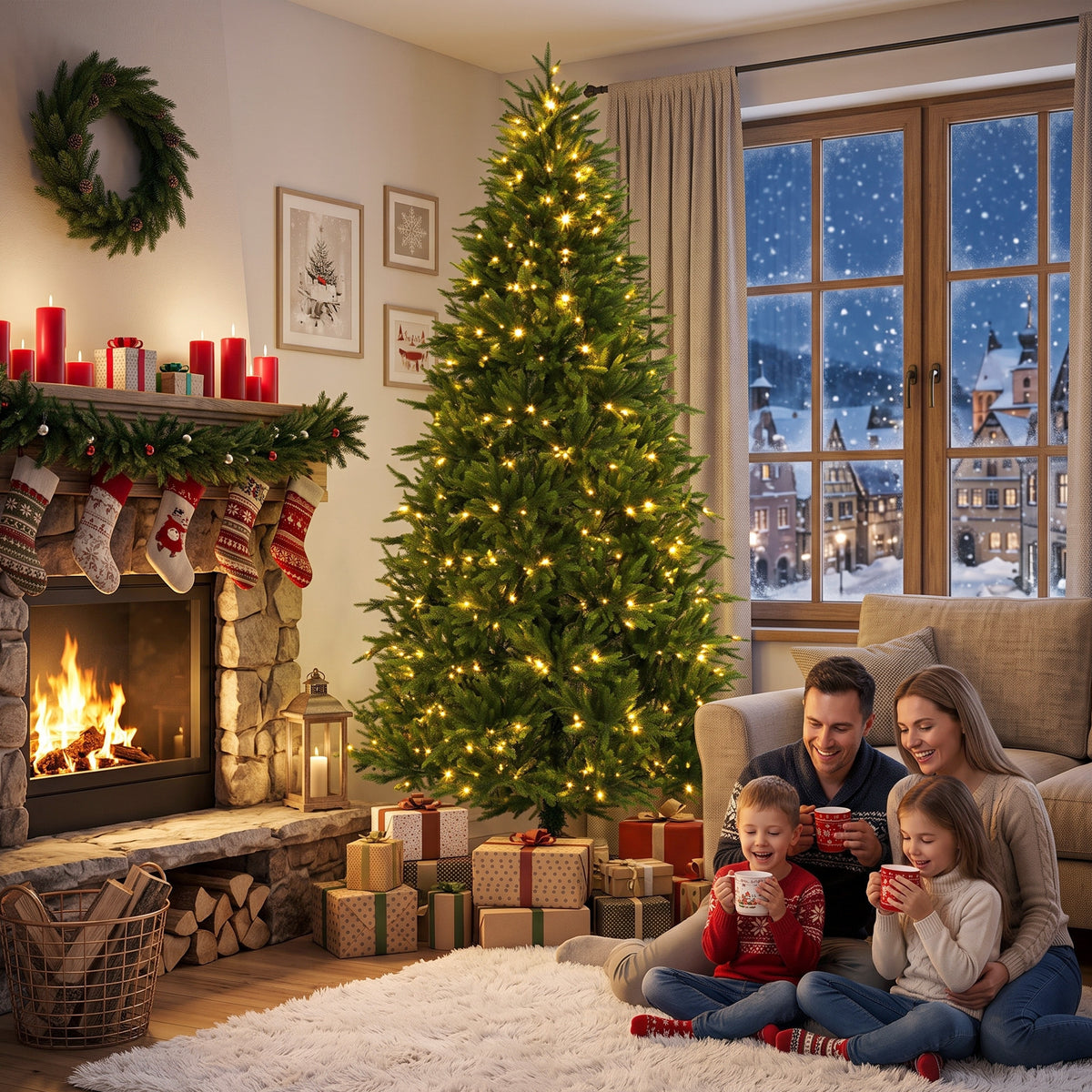 7.5ft Prelit Christmas Tree with Dual-Color LEDs, All Realistic Tips, Hinged Xmas Nordmann Fir with 11 Modes, Remote