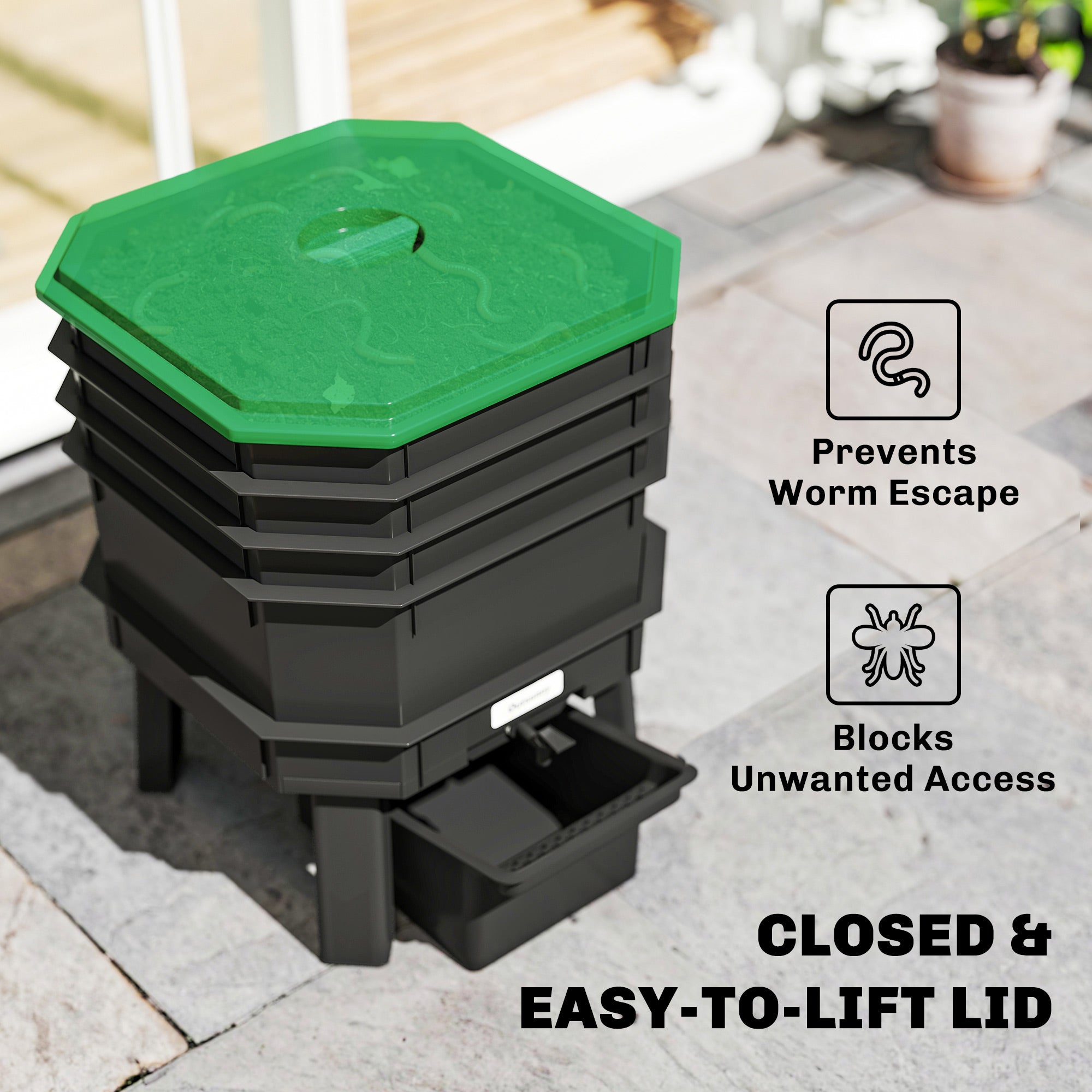 4-Tray Worm Composter Bin, 7.4 Gal Outdoor & Indoor Worm Composter for Recycling Food Waste, Dark Green - Green - Image 5