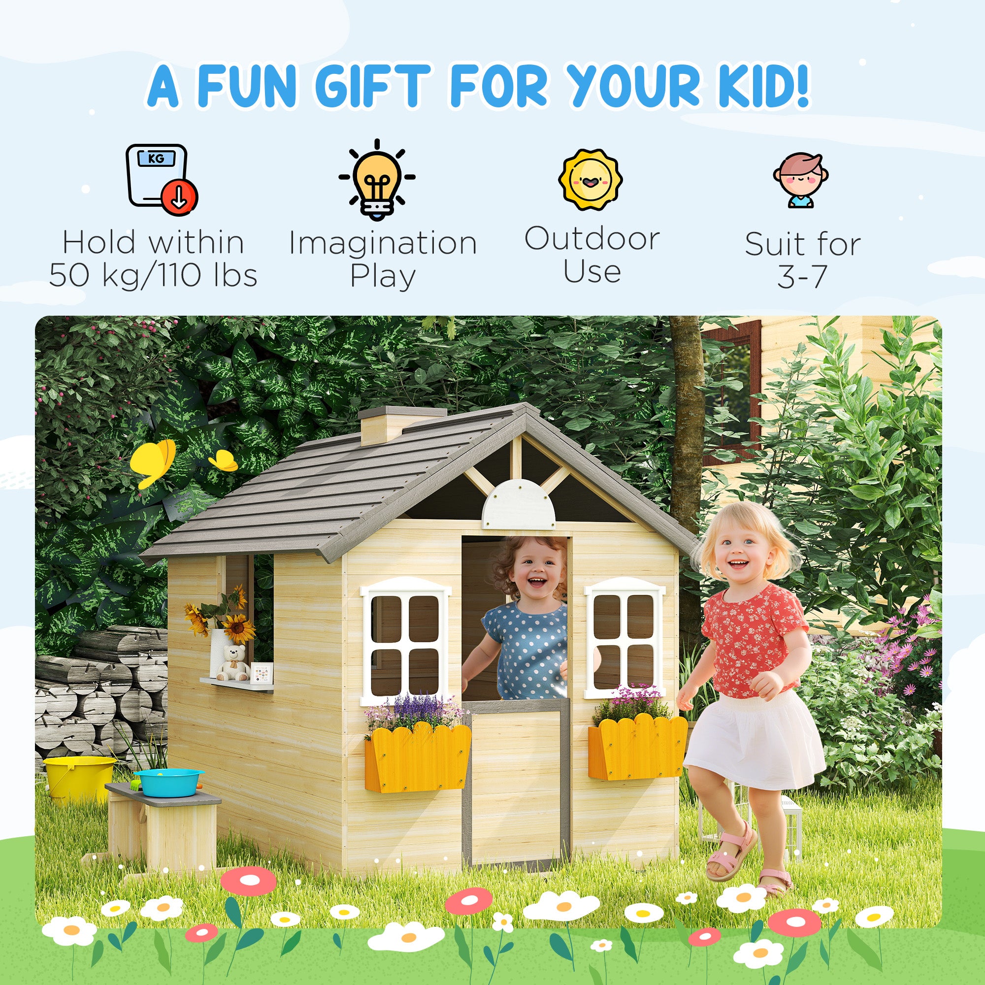 Wooden Playhouse for Kids Outdoor Garden Pretend Play Games, Adventures Cottage, with Working Door, Windows, Bench, Service Station, Flowers Pot Holder, for 3-7 Years Old