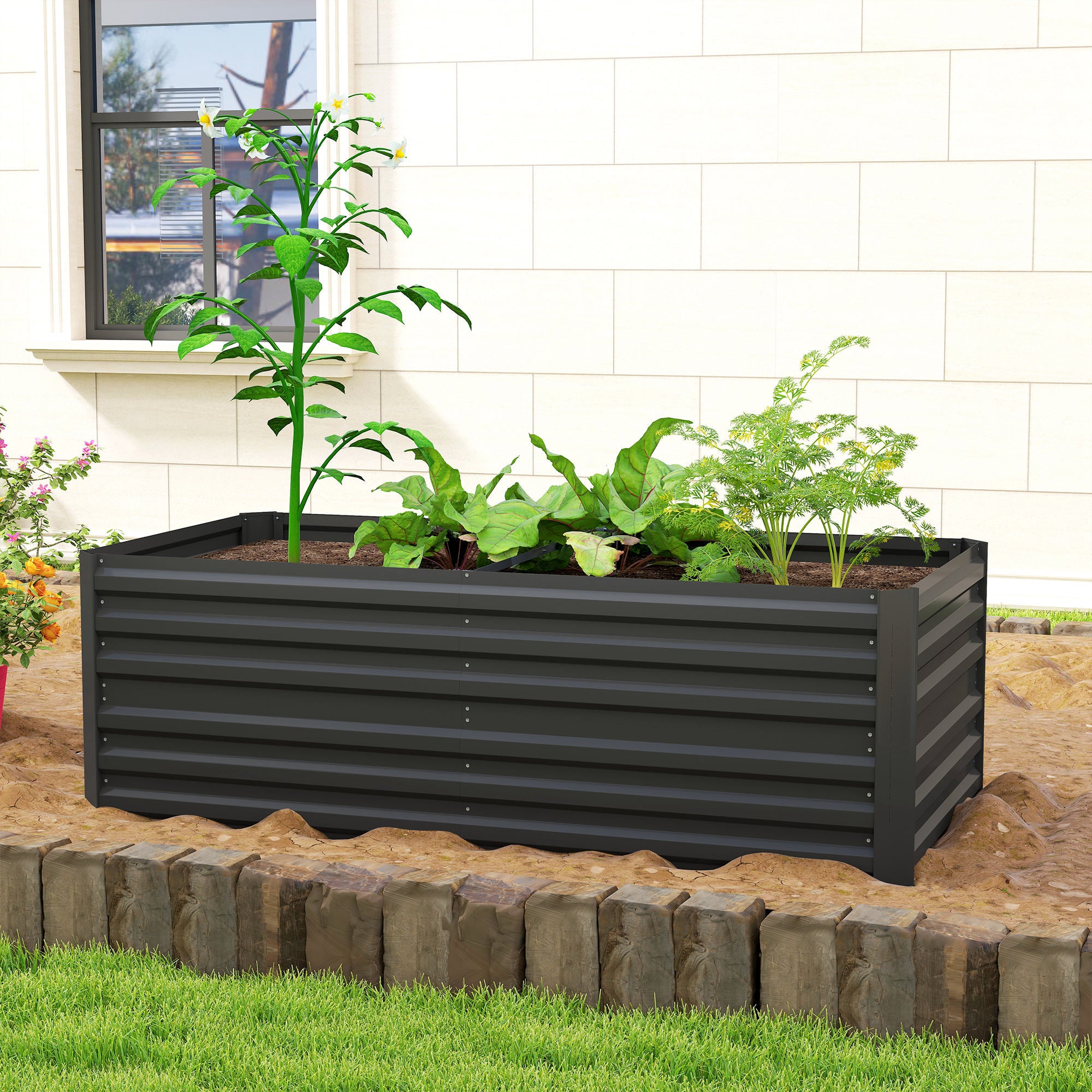Galvanized Raised Garden Bed, Steel Outdoor Planters with Reinforced Rods, 71" x 36" x 23", Black - Black - Image 8