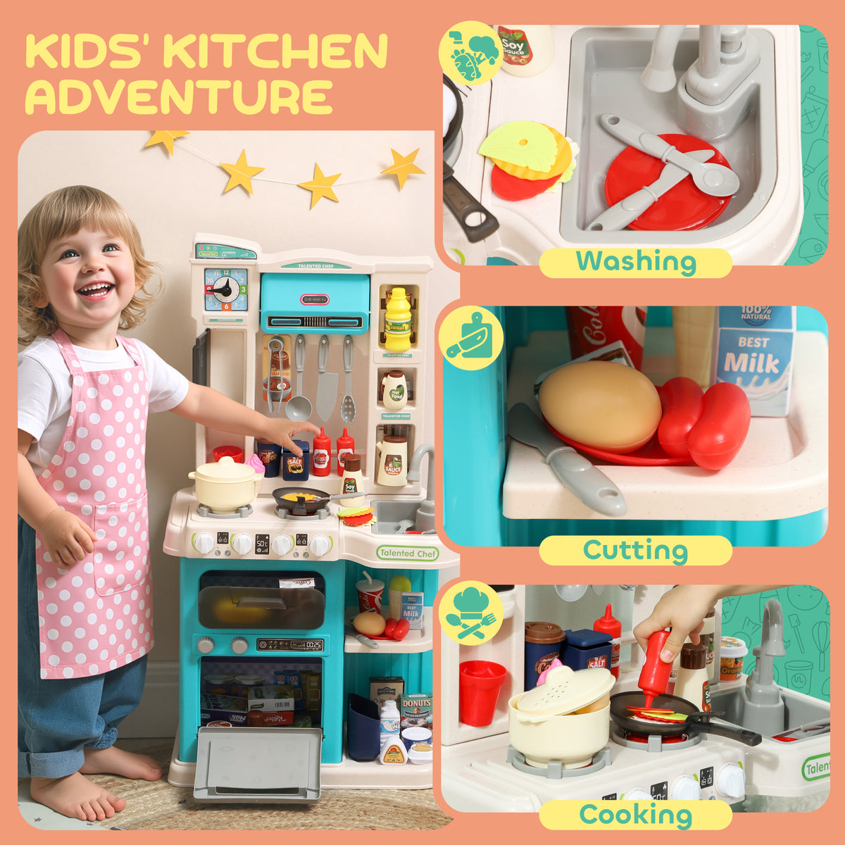 Kids Play Kitchen Toy Set, Chef Pretend Kitchen Playset with Real Lights & Sounds, 92 Pcs Toy Food, Ages 3-6, Green