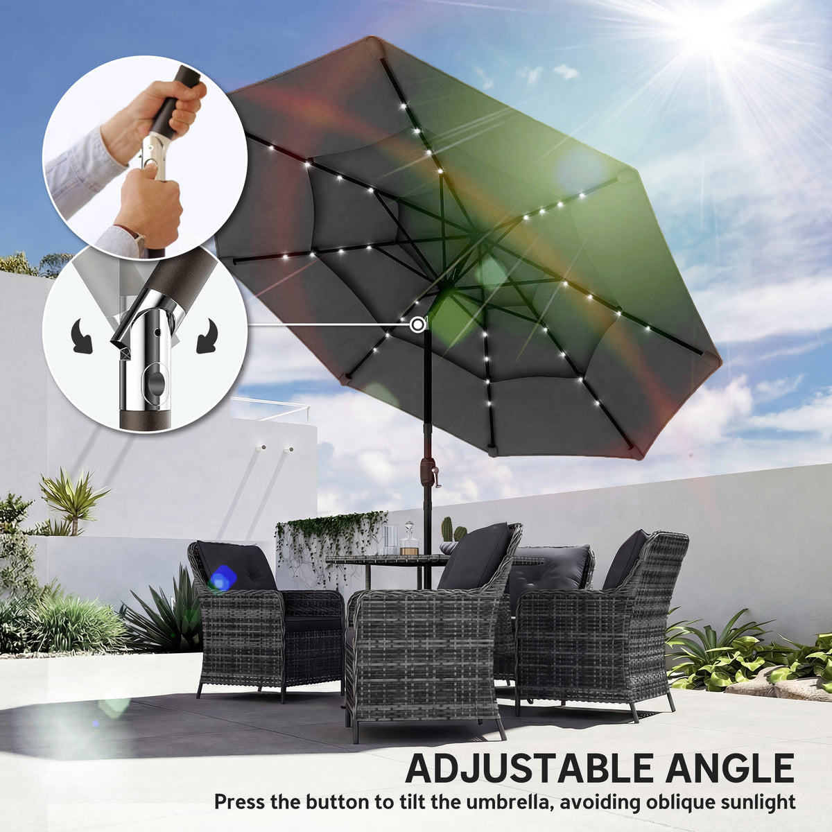 9.7 ft Outdoor Patio Umbrella with Solar LED Lights, 3 Tier Outdoor Table Umbrella with Tilt, Crank, Black