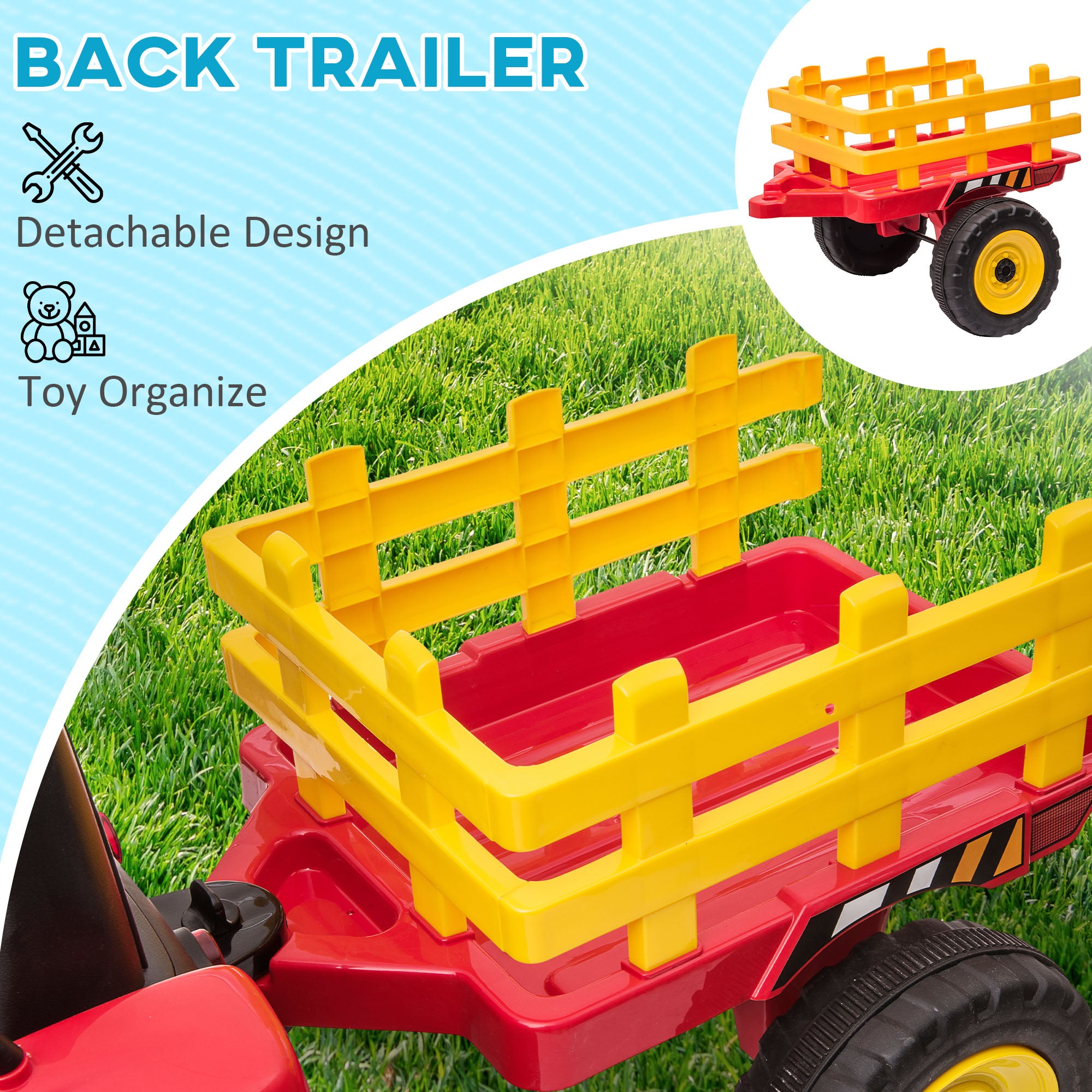 12V Electric Ride on Tractor with Trailer, 25W Dual Motors, Red