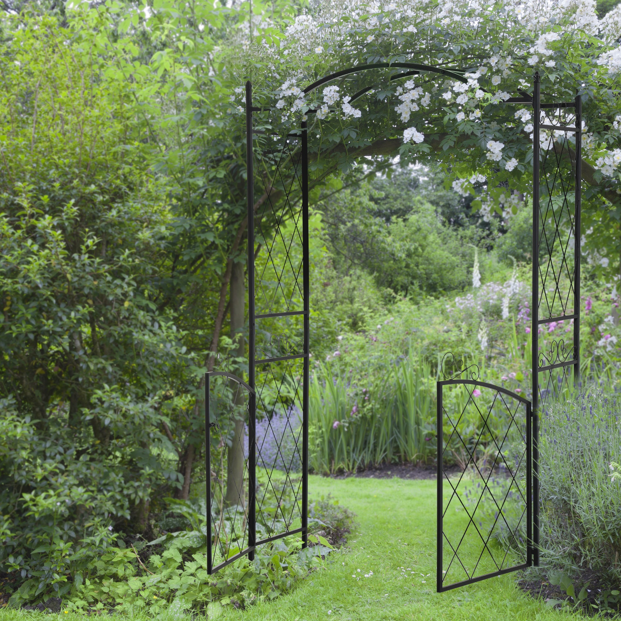 85" Garden Arch Arbor, Metal Arch Trellis with Gate, Garden Archway for Climbing Vines, Wedding Ceremony Decoration, Black - Black - Image 2