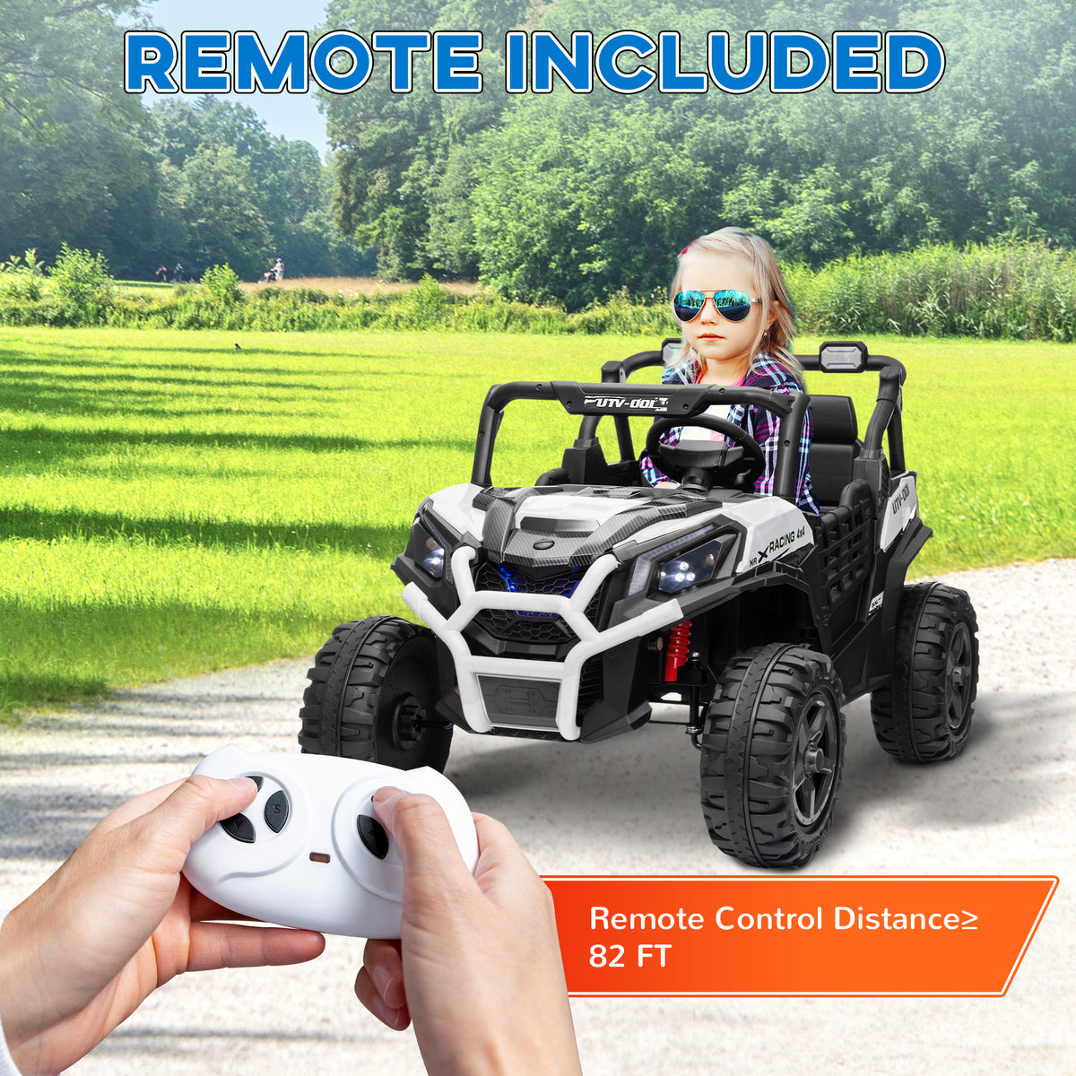 Qaba 2 Seater 24V Kids Electric Car w/ Remote Control, 3 Speed, LED Lights, Music, Horn, Spring Suspension, Slow Start, White