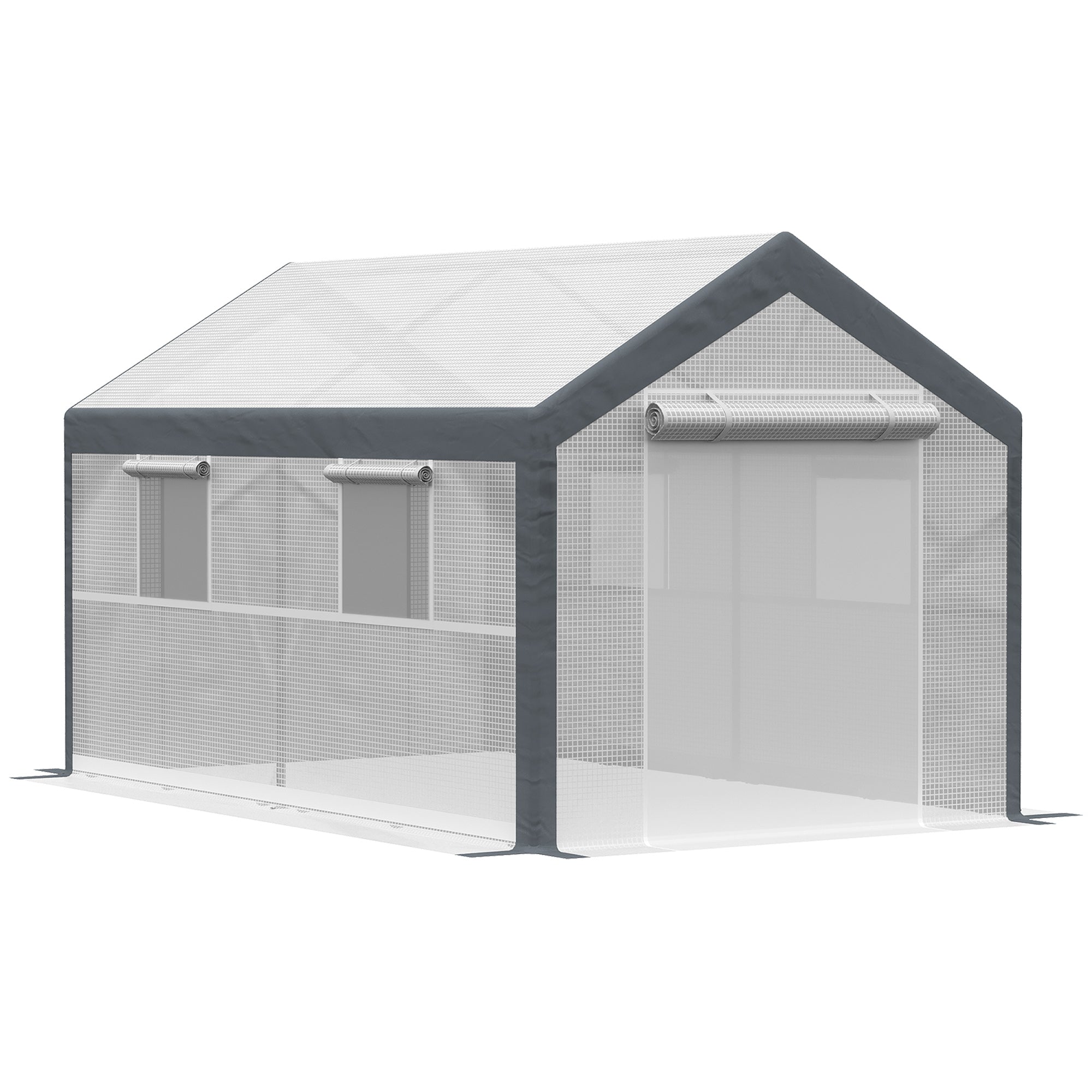 12' x 7' x 7' Greenhouse, Walk-in Outdoor Tunnel Green House with PE Cover, Steel Frame, 2 Roll-Up Zipper Doors & 4 Windows for Flowers, Vegetables, Tropical Plants, White/Dark Gray - White