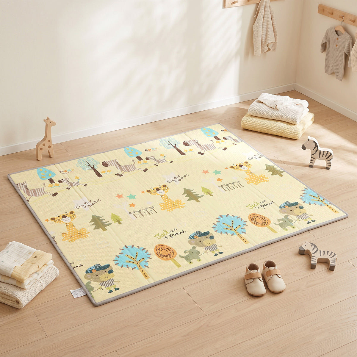Foldable & Reversible Baby Play Mat, 79" x 71"Thick Play Mat for Floor, Waterproof Non-Slip, Forest Animals