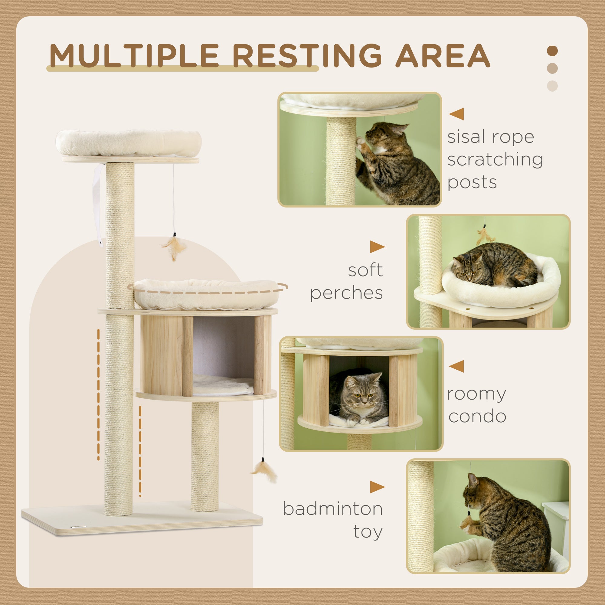 Cat Tree, 3 Level Cat Tower with Scratching Posts, Bed, Condo, Badminton Toys, for Multiple Kittens - Natural - Image 5