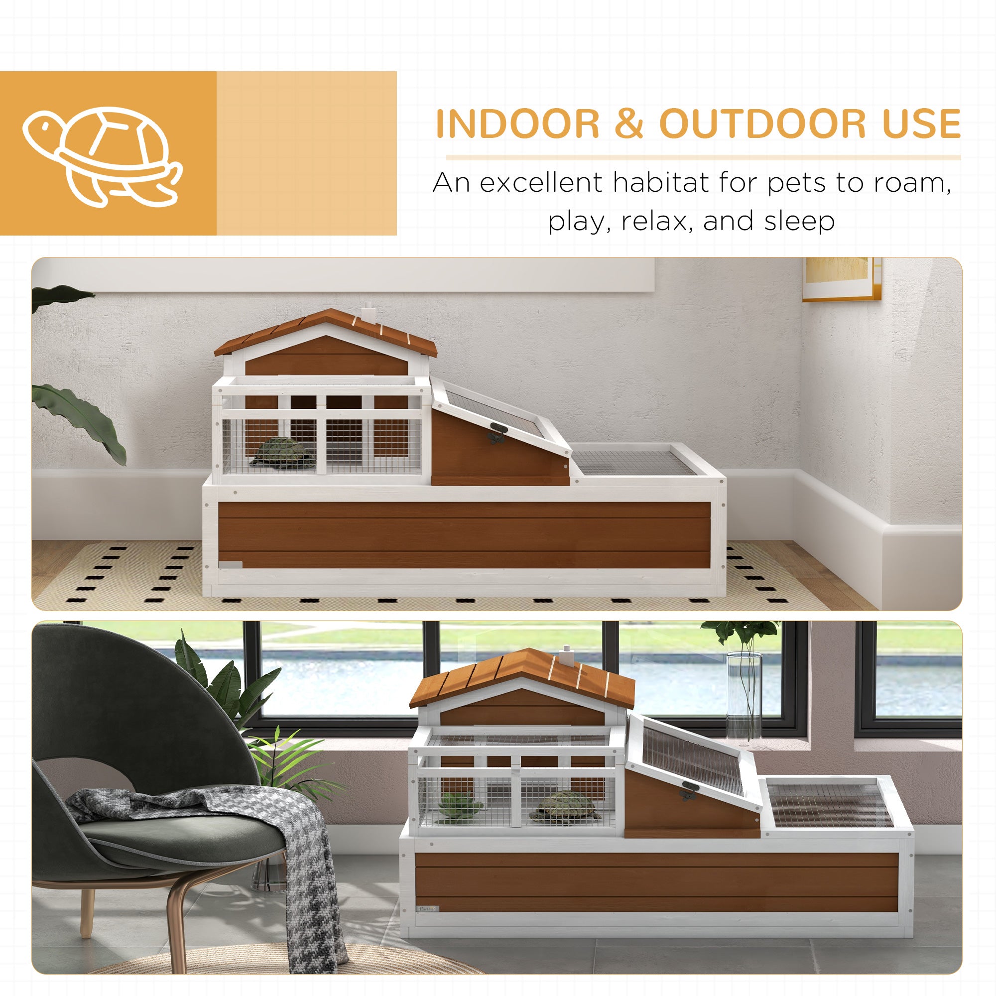 3-Room Tortoise Habitat House w/ Balcony & 2 Stories, 44" x 25.5" x 25", Coffee - Coffee - Image 8