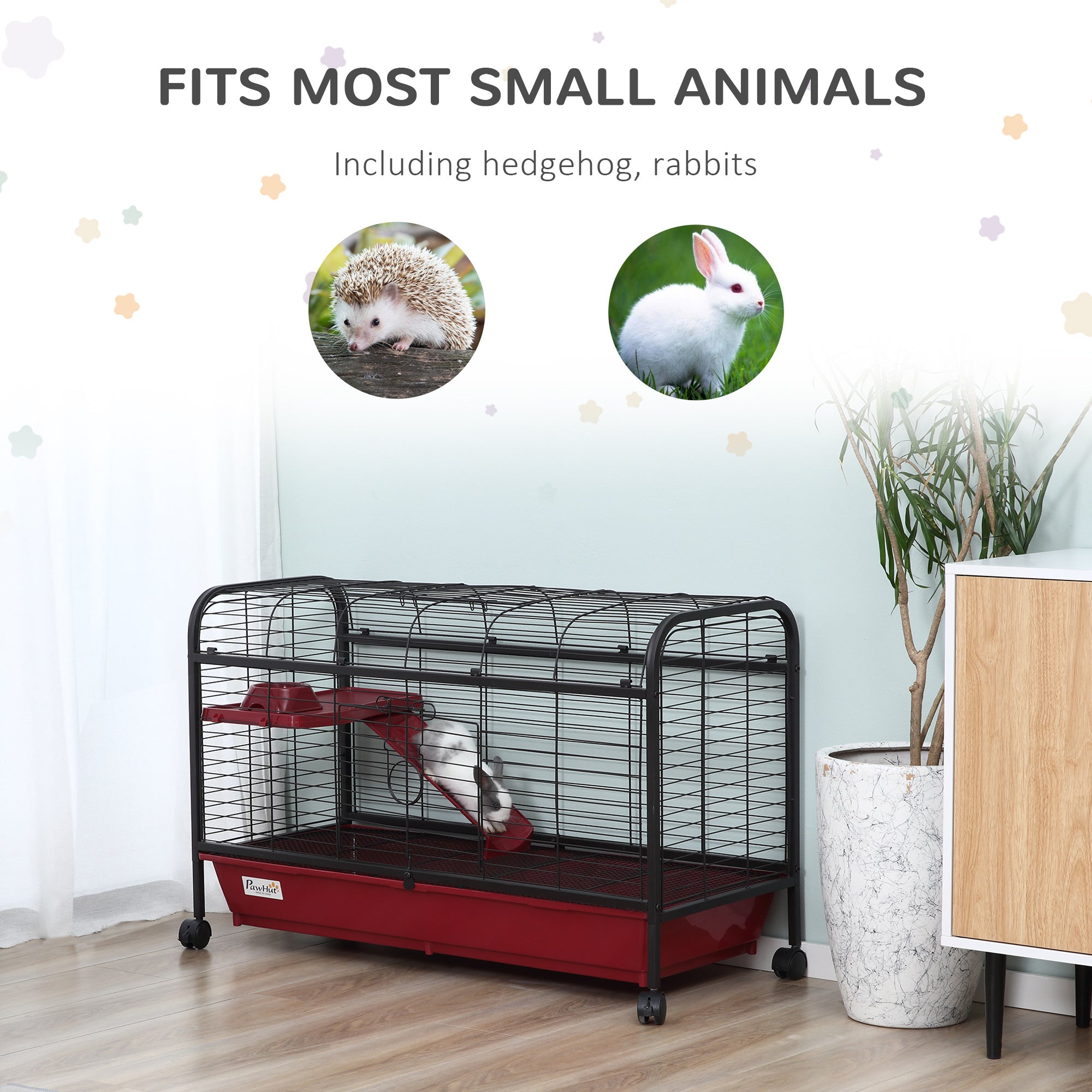 41"L Small Animal Cage, Pet Play House for Rabbit Hutch Ferret with Feeder, Rolling Wheels, Platform, Ramp - Red and Black - Image 5