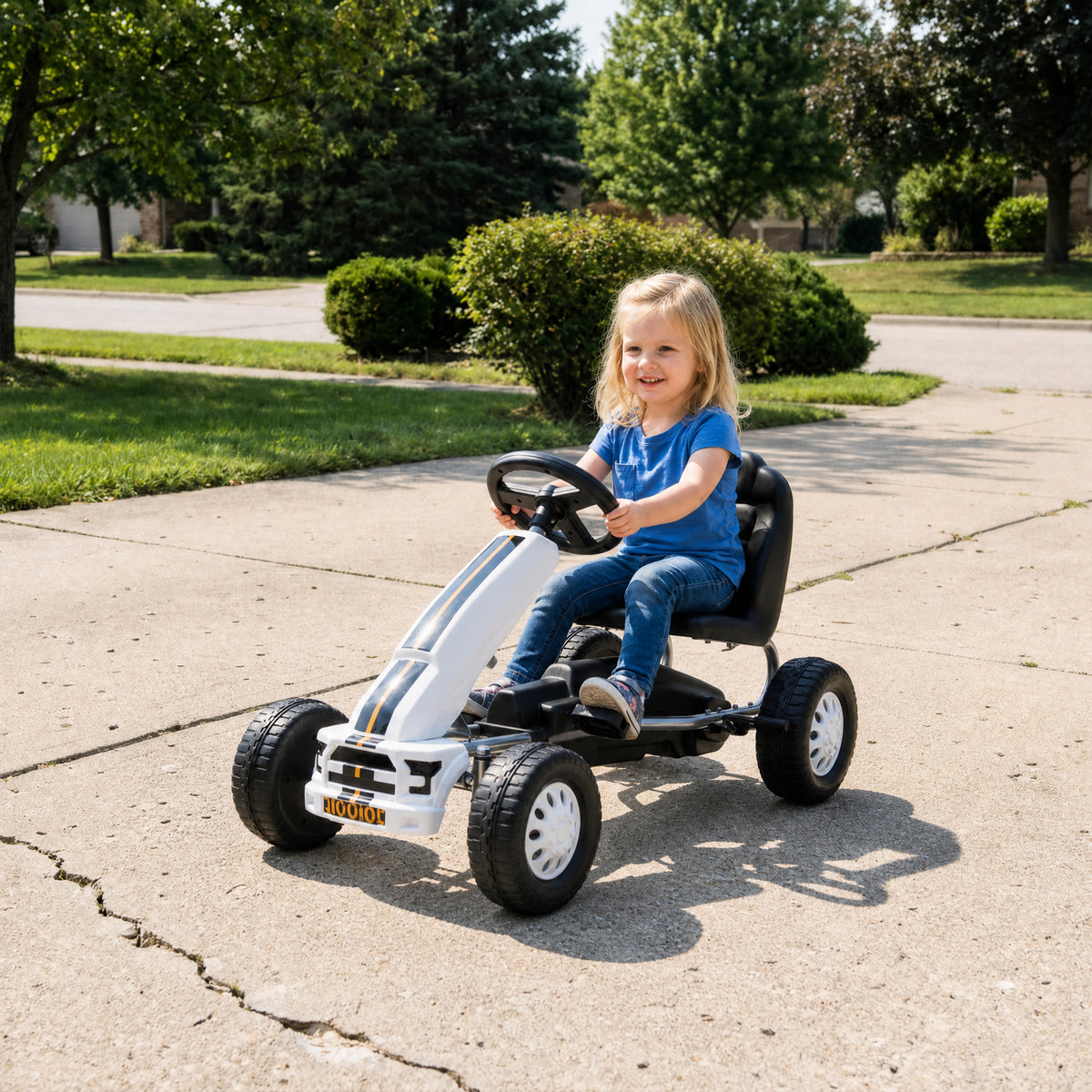 Lightweight Pedal Go Kart with Steering Wheel, Go Cart Ride on Toy with Adjustable Seat for 3+ Years, White
