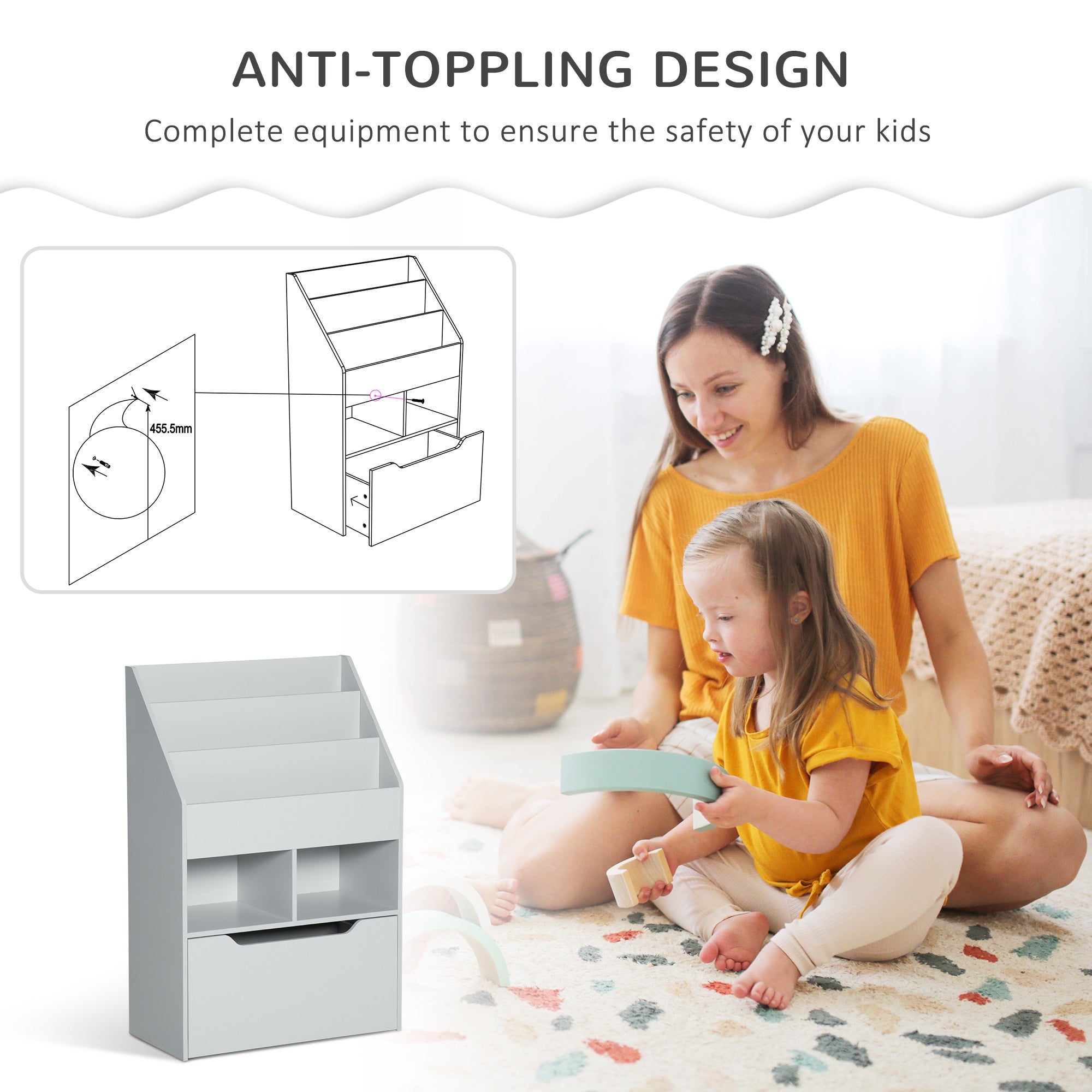 Kids Bookcase Multi-Shelf Book Rack with Mobile Drawer for Books, Toy , Gray