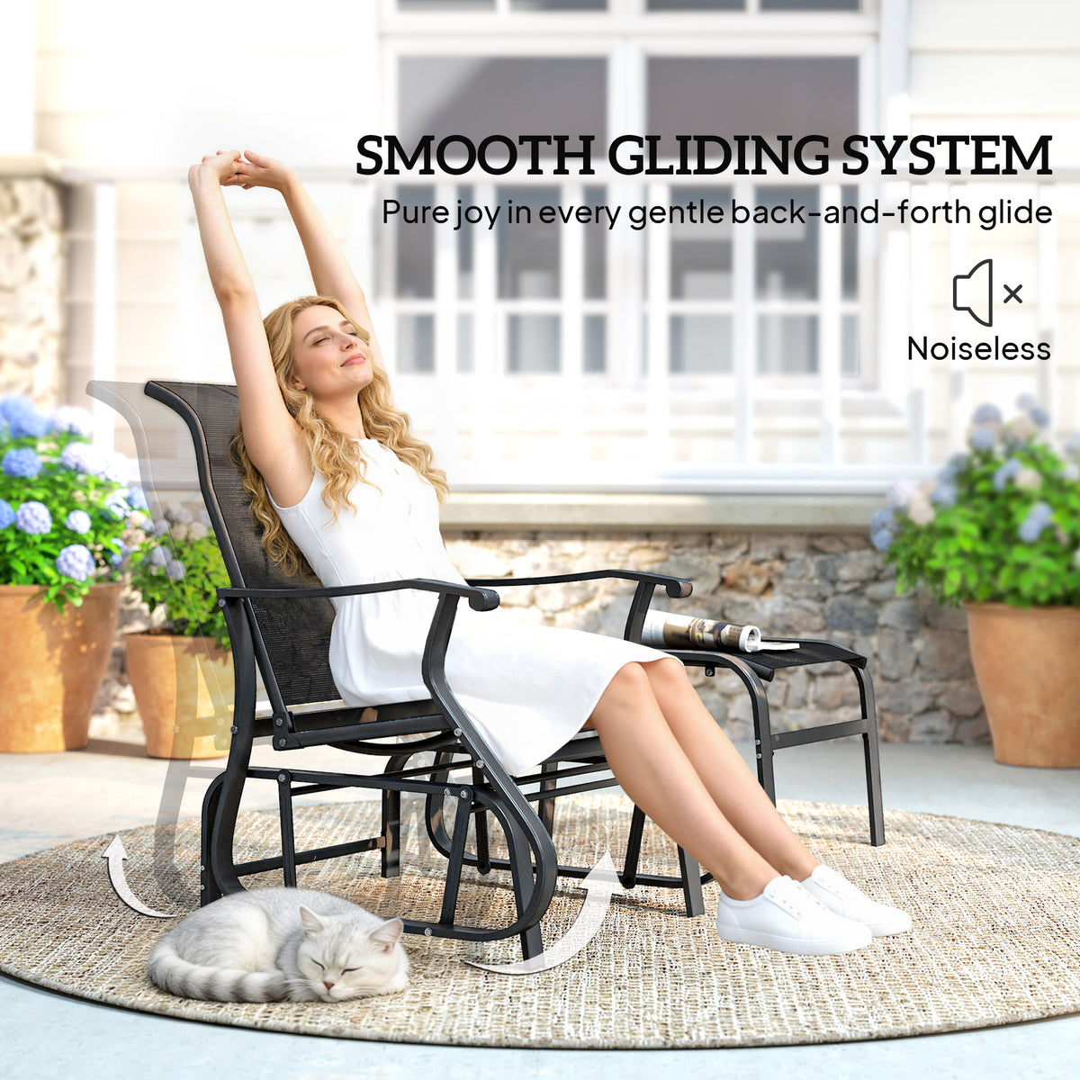 Outdoor Glider with Ottoman, Patio Glider Chair Set with High Back, Wide Seat for Porch, Garden, Backyard, Black