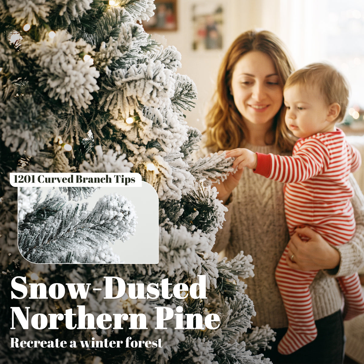 7.5ft Flocked Prelit Christmas Tree, Northern Pine, Artificial Xmas Tree with Curved Tips, LEDs