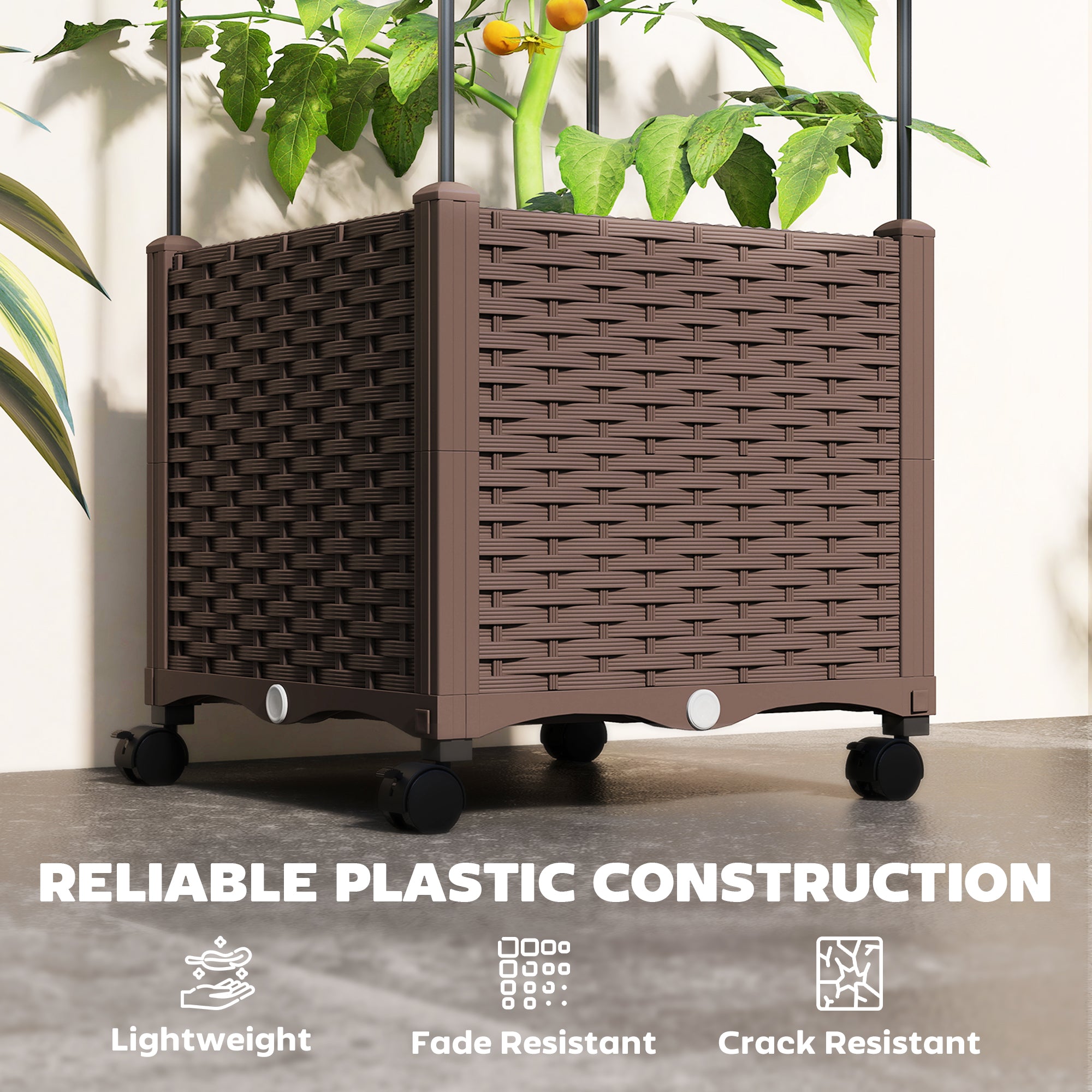 Raised Garden Bed with Trellis, Tomato Cage with Lockable Wheels, Self Watering Planter Box with Drainage Holes, Brown - Brown - Image 8