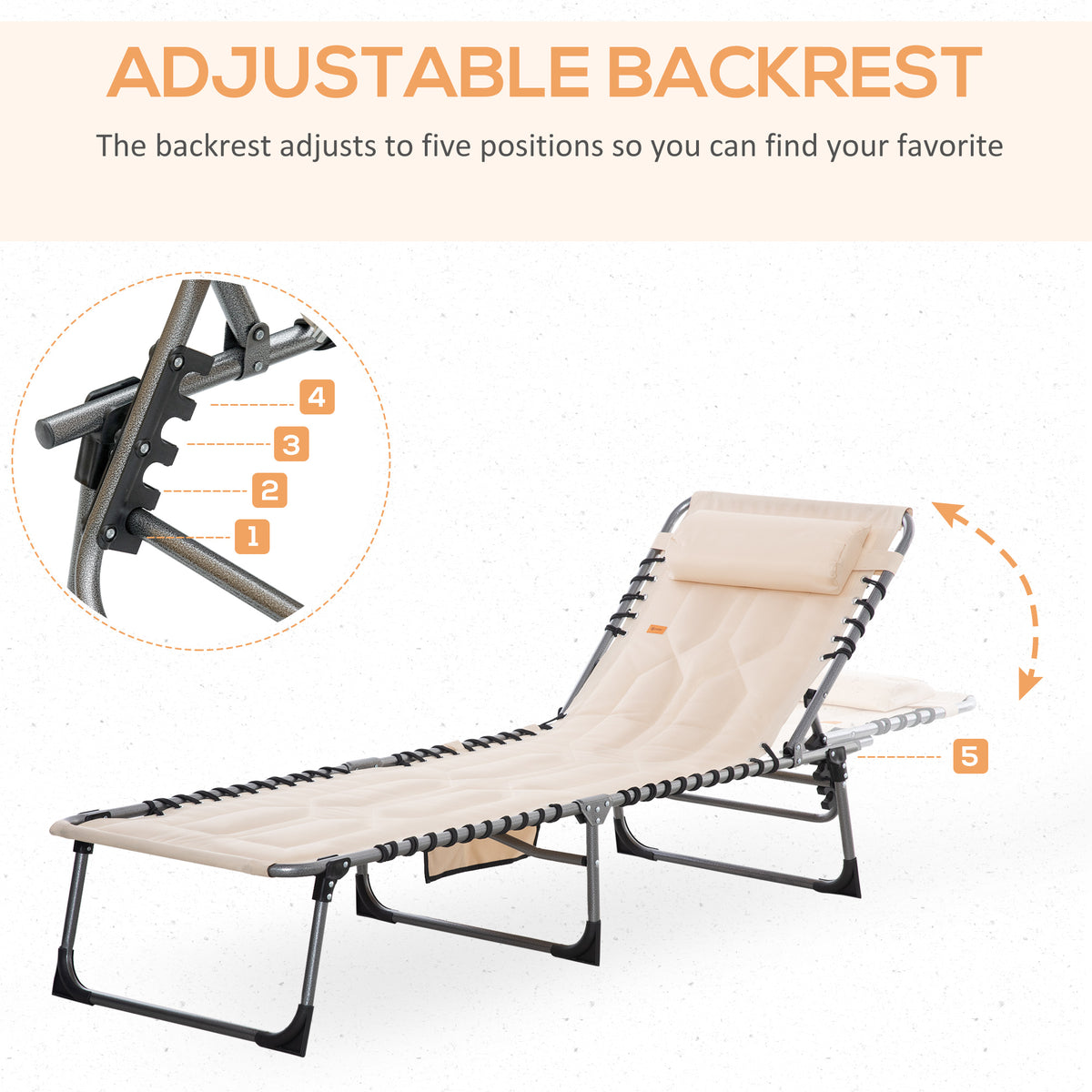 Padded Folding Chaise Lounge Chair, Outdoor 6-Level Reclining Camping Tanning Chair with Headrest for Beach, Yard, Patio, Pool, Beige