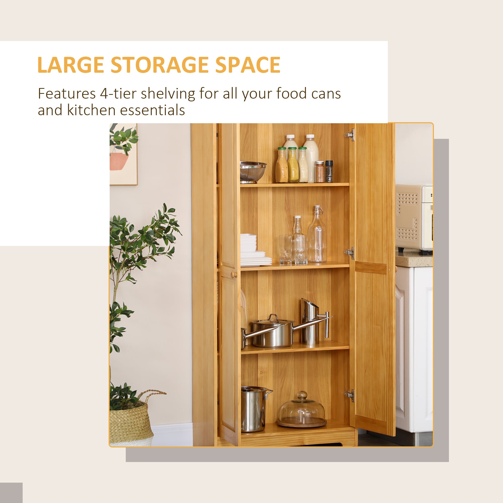 67" Pinewood Kitchen Pantry Storage Cabinet, Freestanding Cabinets with Doors and Shelves, Dining Room