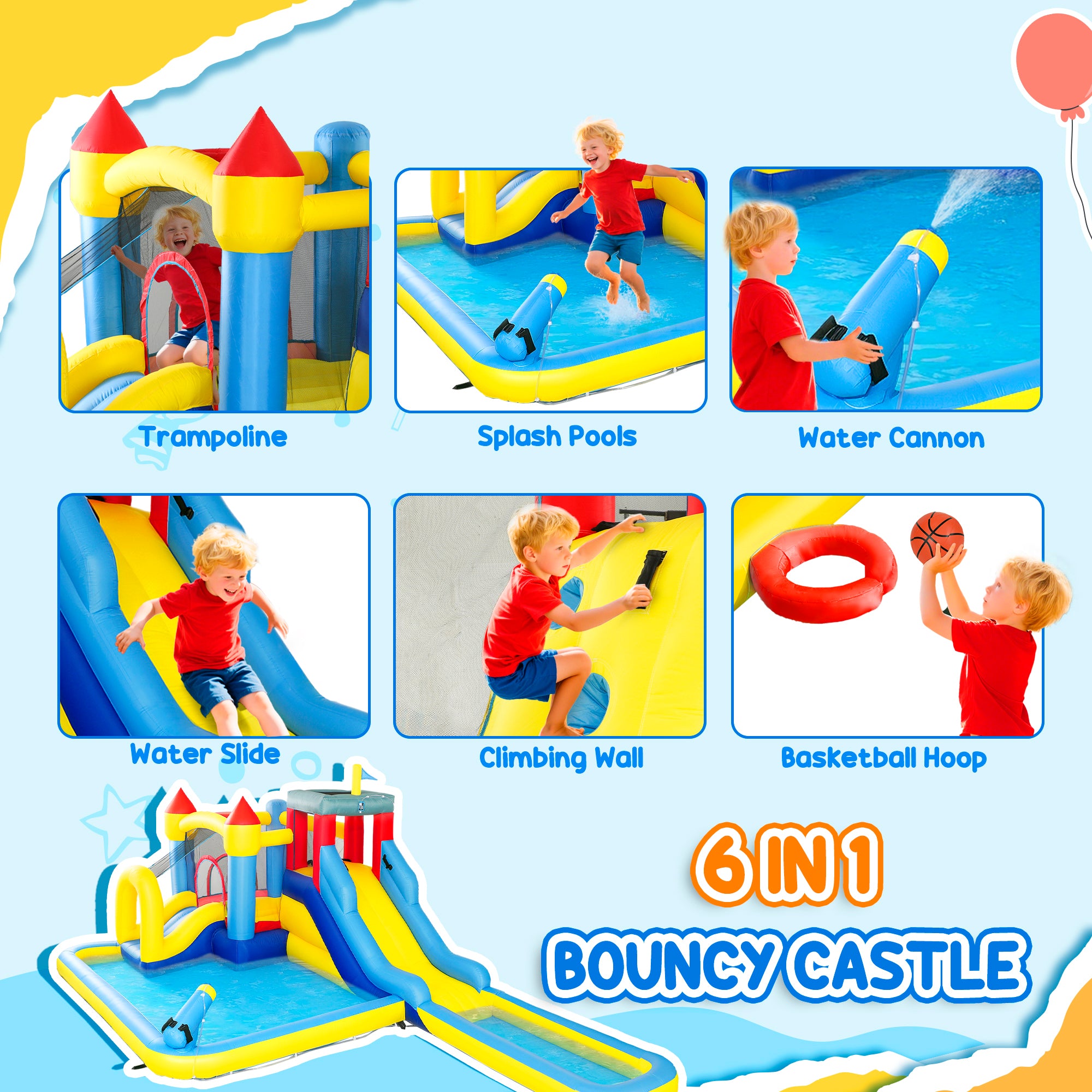 6 in 1 Inflatable Water Slide Park with Splash Pools, 2 Slides, Trampoline, Climbing Wall, Cannon, Basketball Hoop
