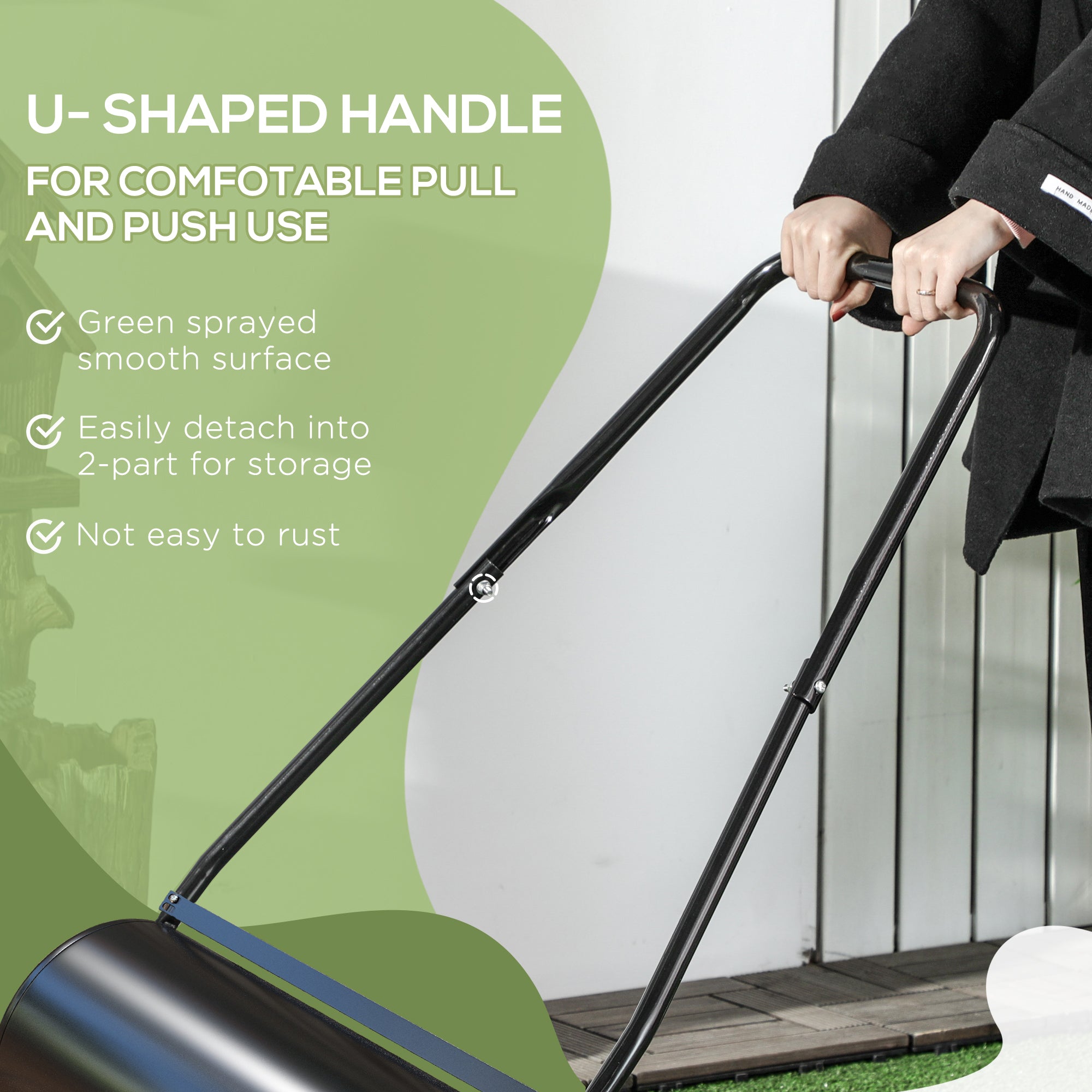 38L Heavy Duty Push/Tow Poly Lawn Roller, U-handle Garden Roller Filled with Water or Sand - Black - Image 6