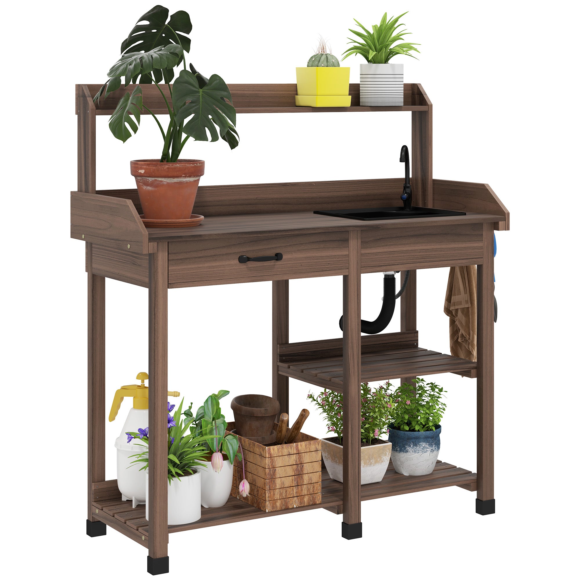 Potting Bench Table, Outdoor Garden Table Wooden Work Station with Removable Sink, Faucet, Drawer, Shelves, Hooks, Dark Brown - Coffee