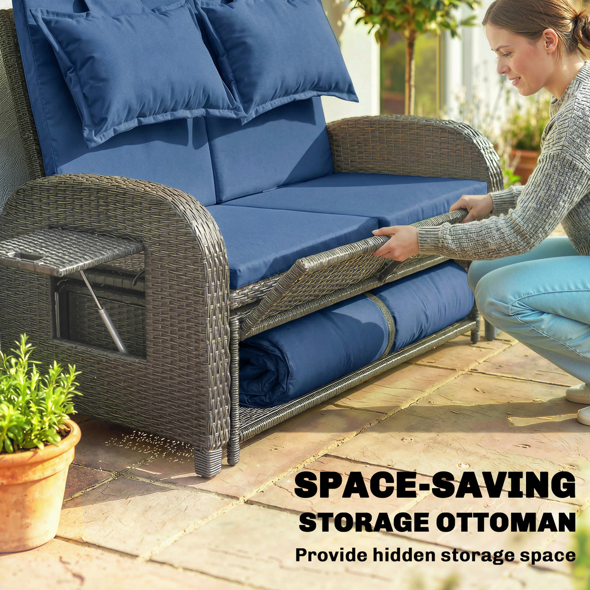Patio Rattan Daybed, Wicker Outdoor Daybed with Storage Ottoman, Loveseat w/ Adjustable Backrest, Navy Blue