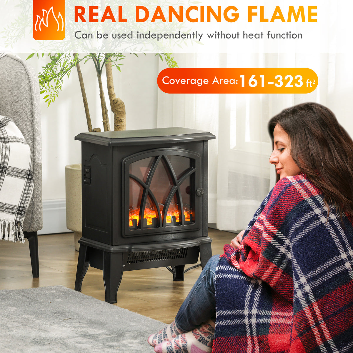 Electric Fireplace Heater, Freestanding Fireplace Stove with Realistic Flames Overheating Protection 750W/1500W, Black