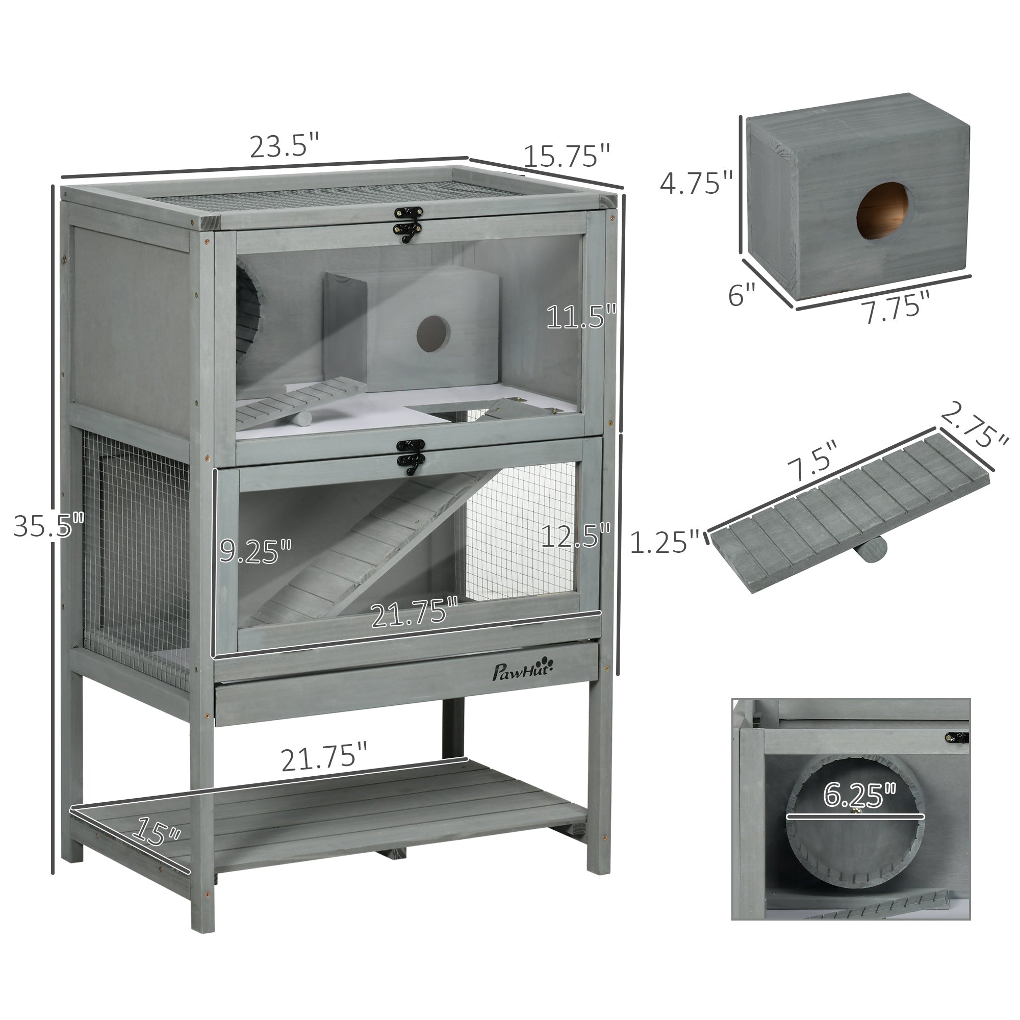 Wooden Hamster Cage with Storage Shelf, Large Rat Mouse Habitat Including Seesaw, Small Animal Cage with Sliding Tray, Wide Ramp for Racing, Running Wheel, 35.5" H - Grey - Image 3