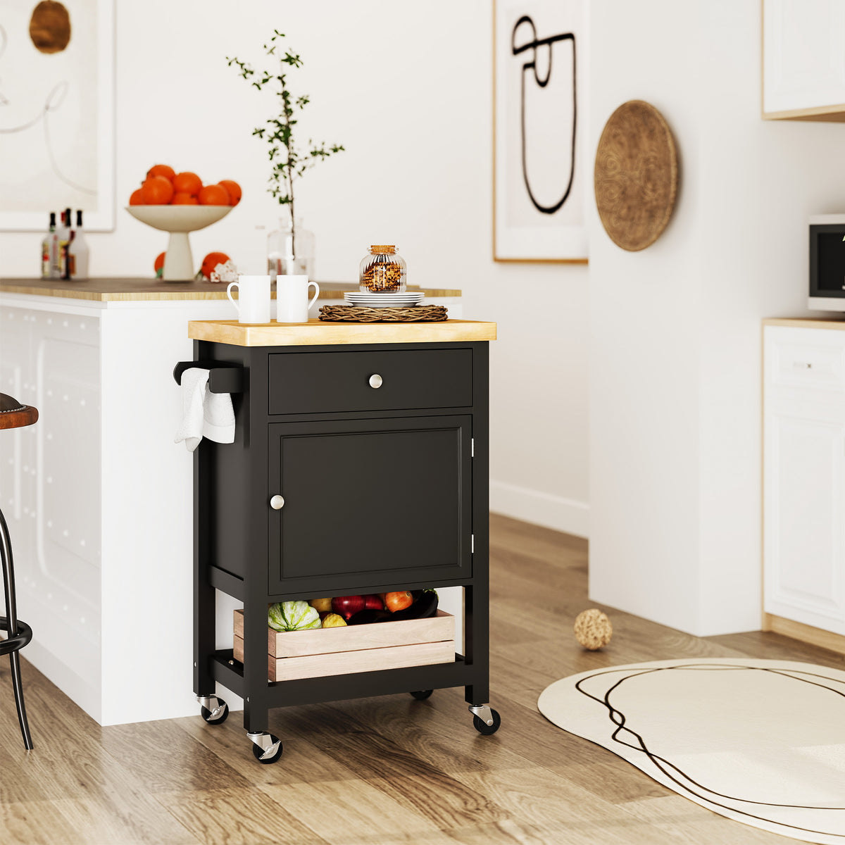 Kitchen Island on Wheels, Rolling Kitchen Cart with Rubberwood Top, Drawer, Wine Rack and Cabinet, Black