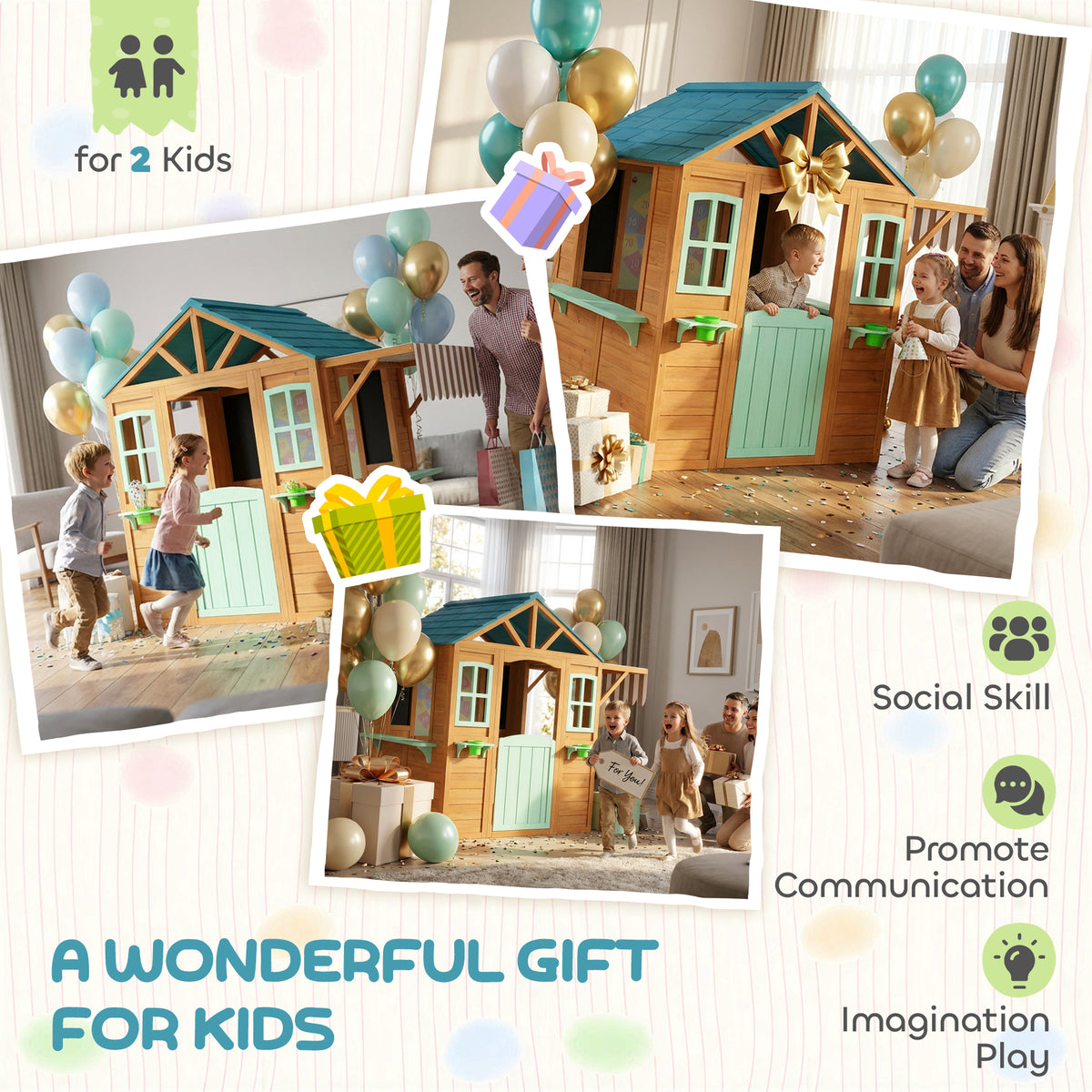 Outdoor Playhouse with Snack Bar, Half Door, Windows, Flowerpot Holders, Chalkboard, Tossing Game
