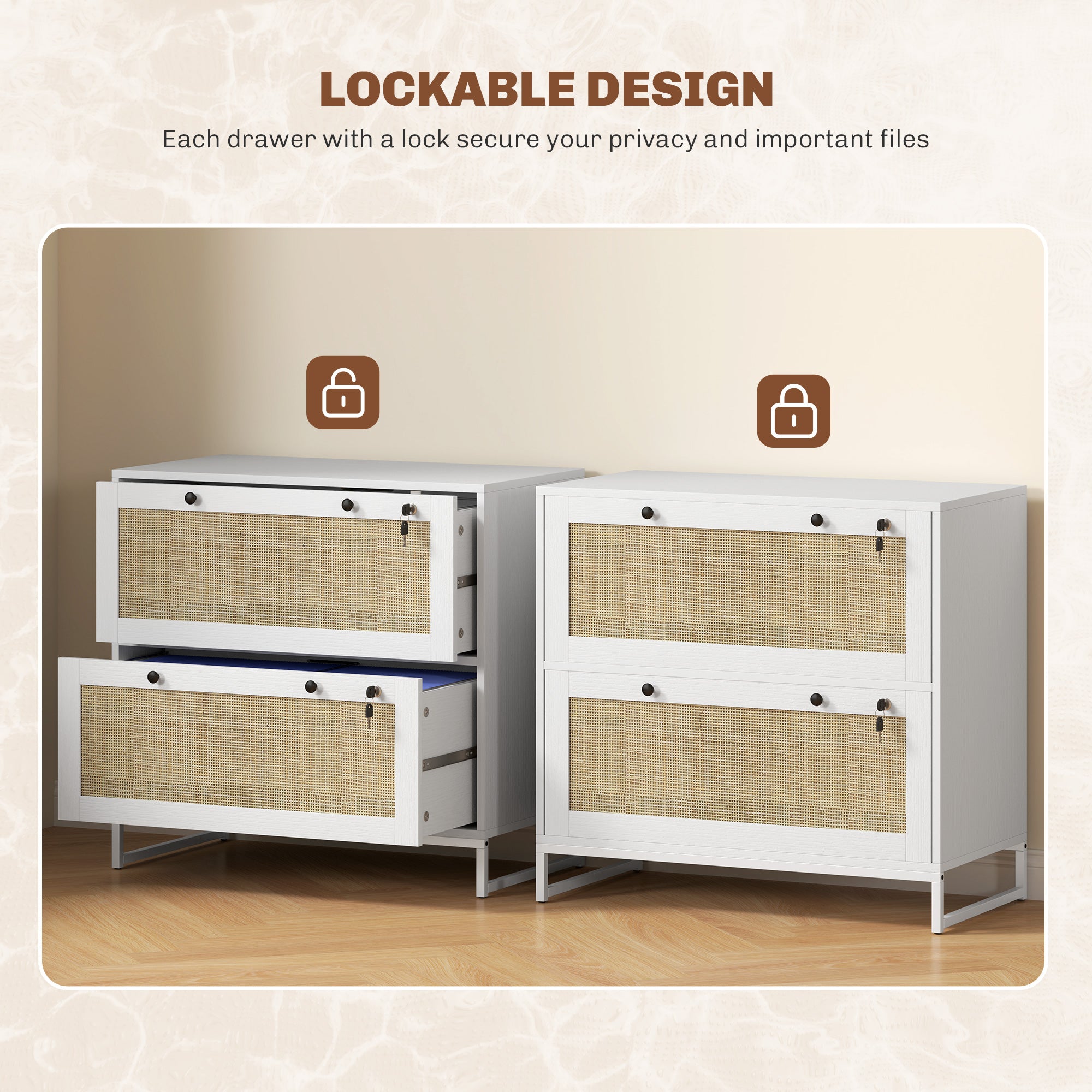Lockable Filing Cabinet, Boho 2 Drawer File Cabinet with Adjustable Hanging Bar for Letter, A4 and Legal Size, White