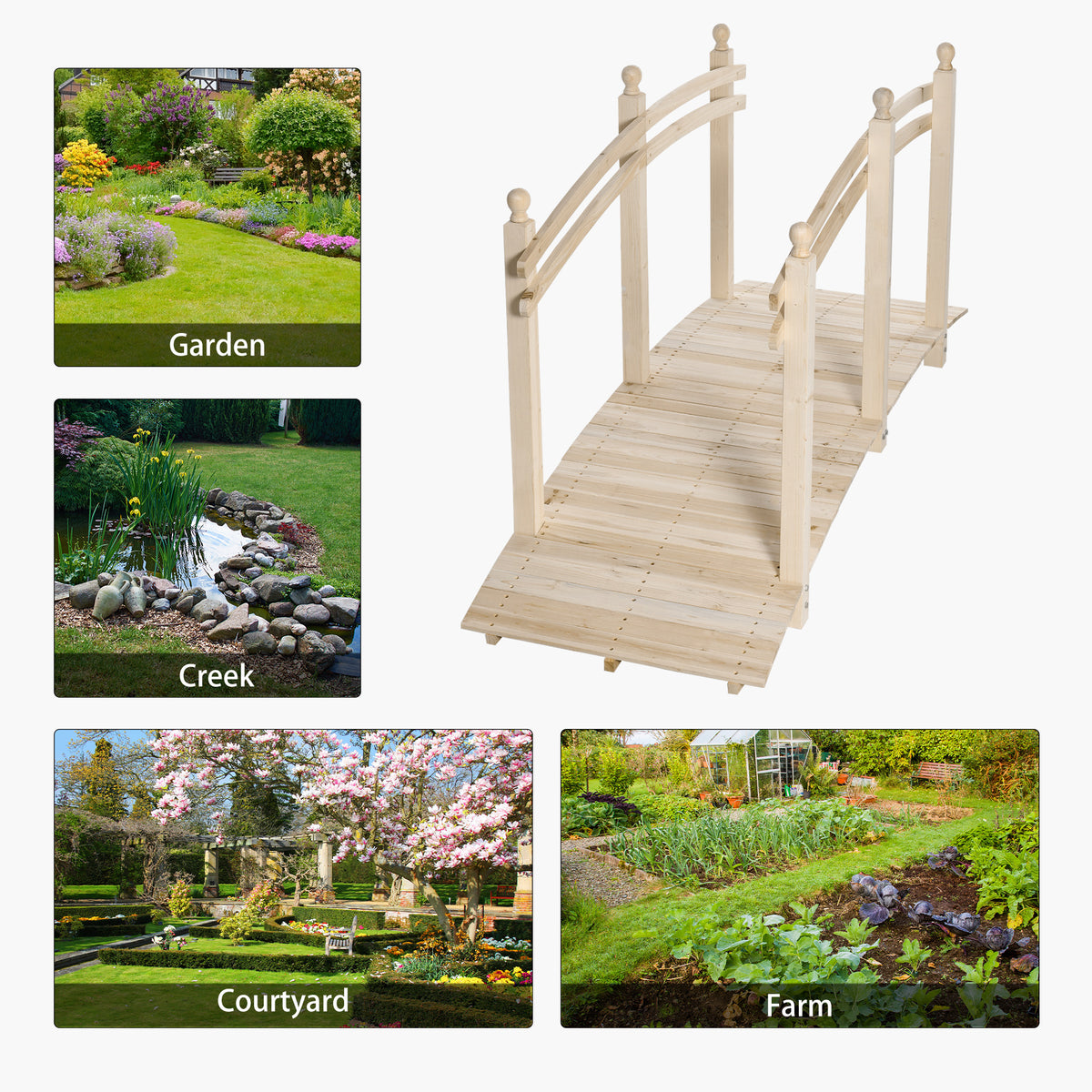 Wooden Arch Garden Bridge, Safety Rails for Backyard Ponds, Creeks, Streams, 7.5' , Natural