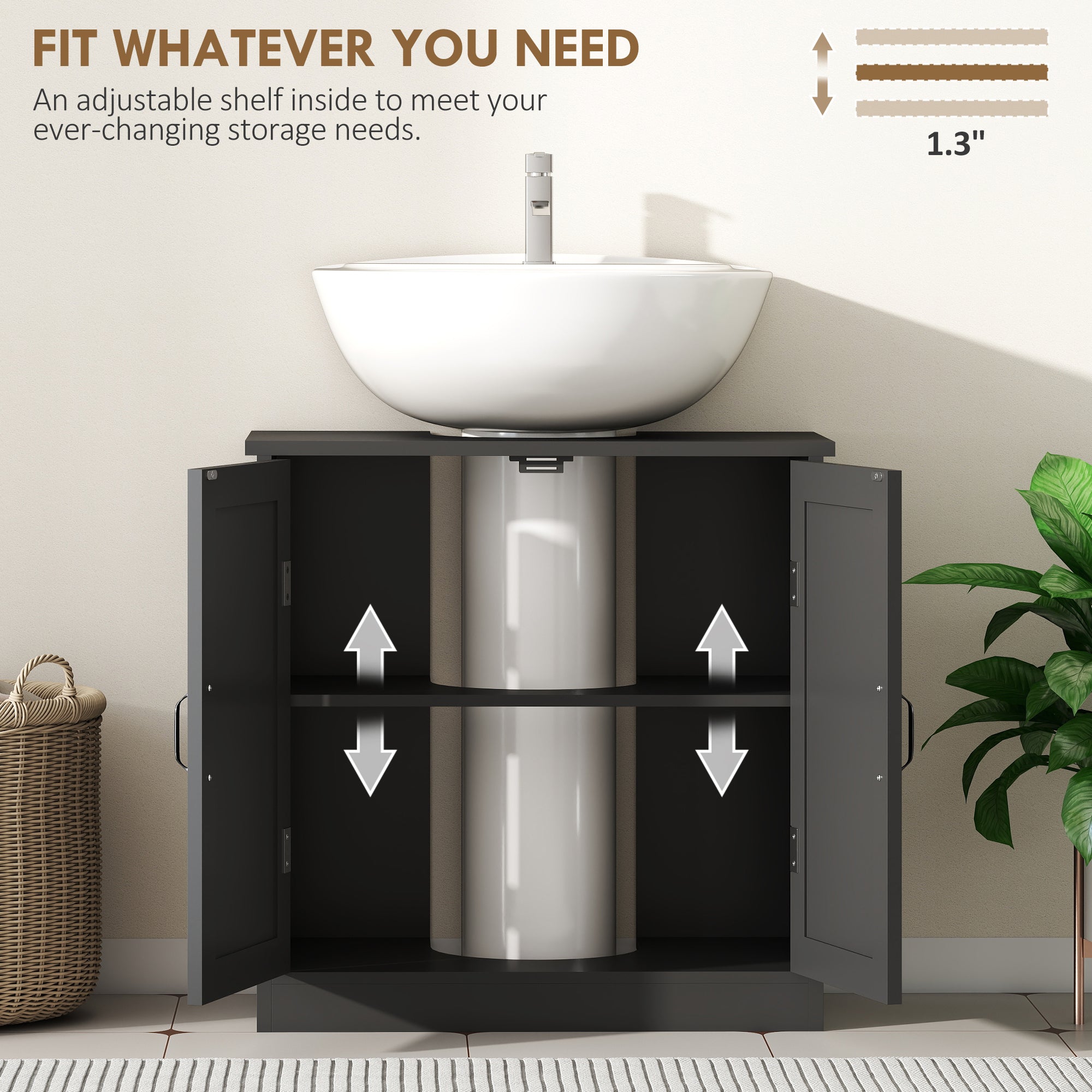 Bathroom Sink Cabinet, Pedestal Sink Cabinet with Adjustable Shelf, Black