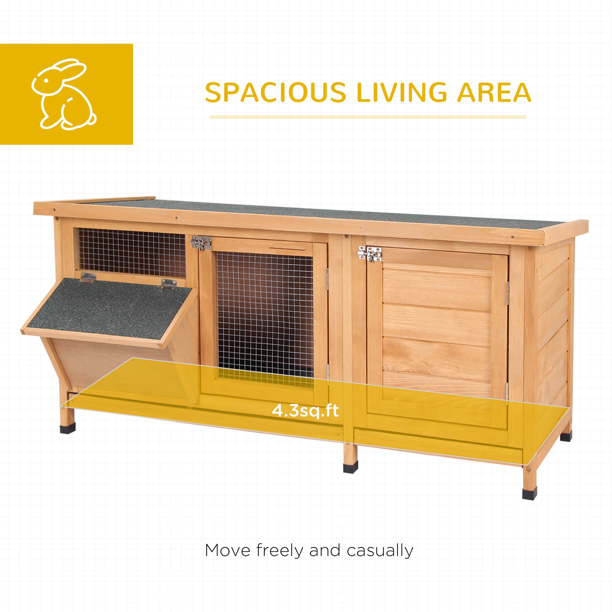 Large Bunny Hutch, Rabbit Cage with 2 Outside Areas and 1 Main House for Small Animals, Yellow - Yellow - Image 4