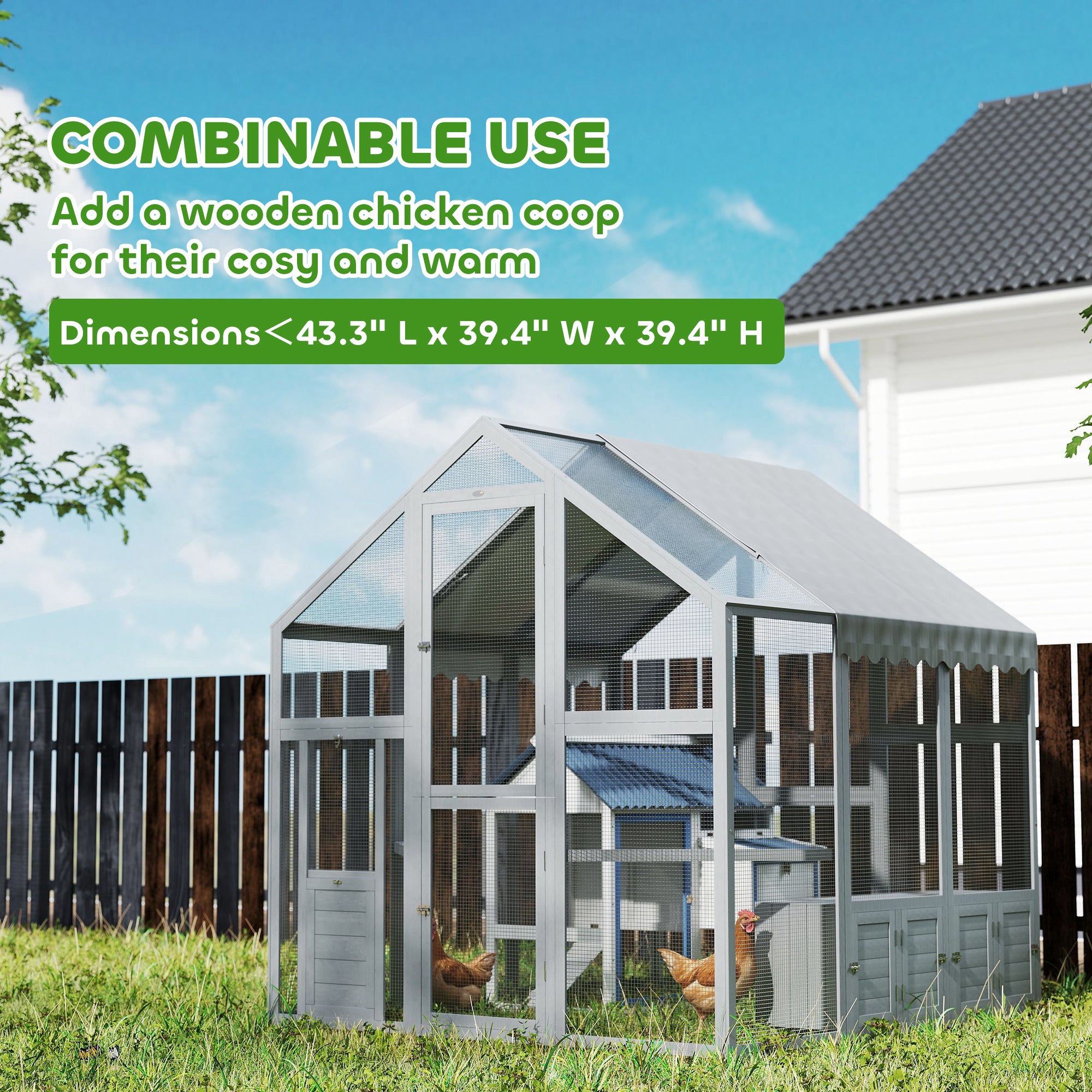 Large Wooden Chicken Run with Waterproof & Anti-UV Cover, for 6-8 Chickens, for Backyard, Farm, 5.5' x 6' x 6' - Gray - Image 7