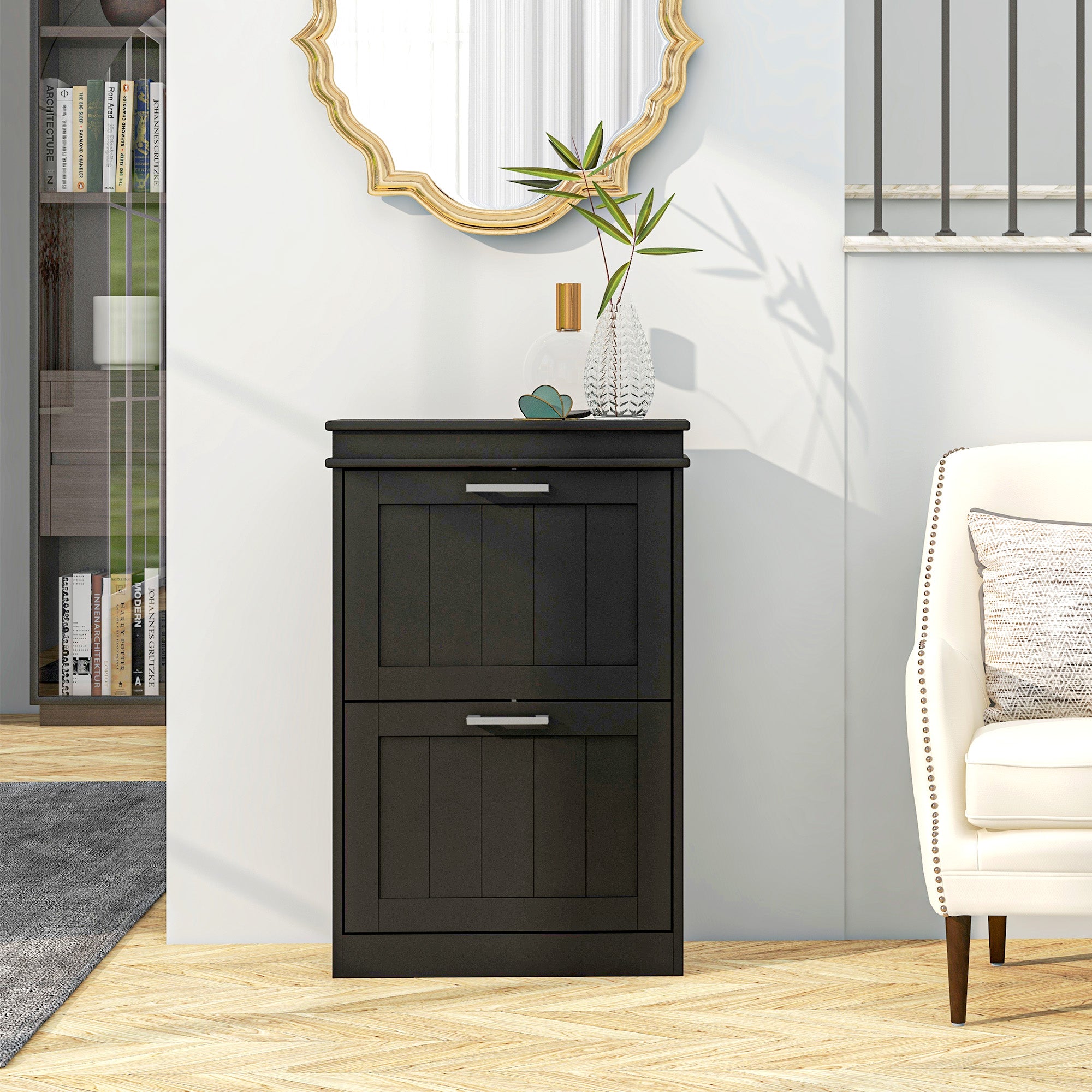 Modern Shoe Storage Cabinet with 2 Flip Drawers for 10 Pairs, Narrow Shoe Organizer for Entryway, Hallway, Black