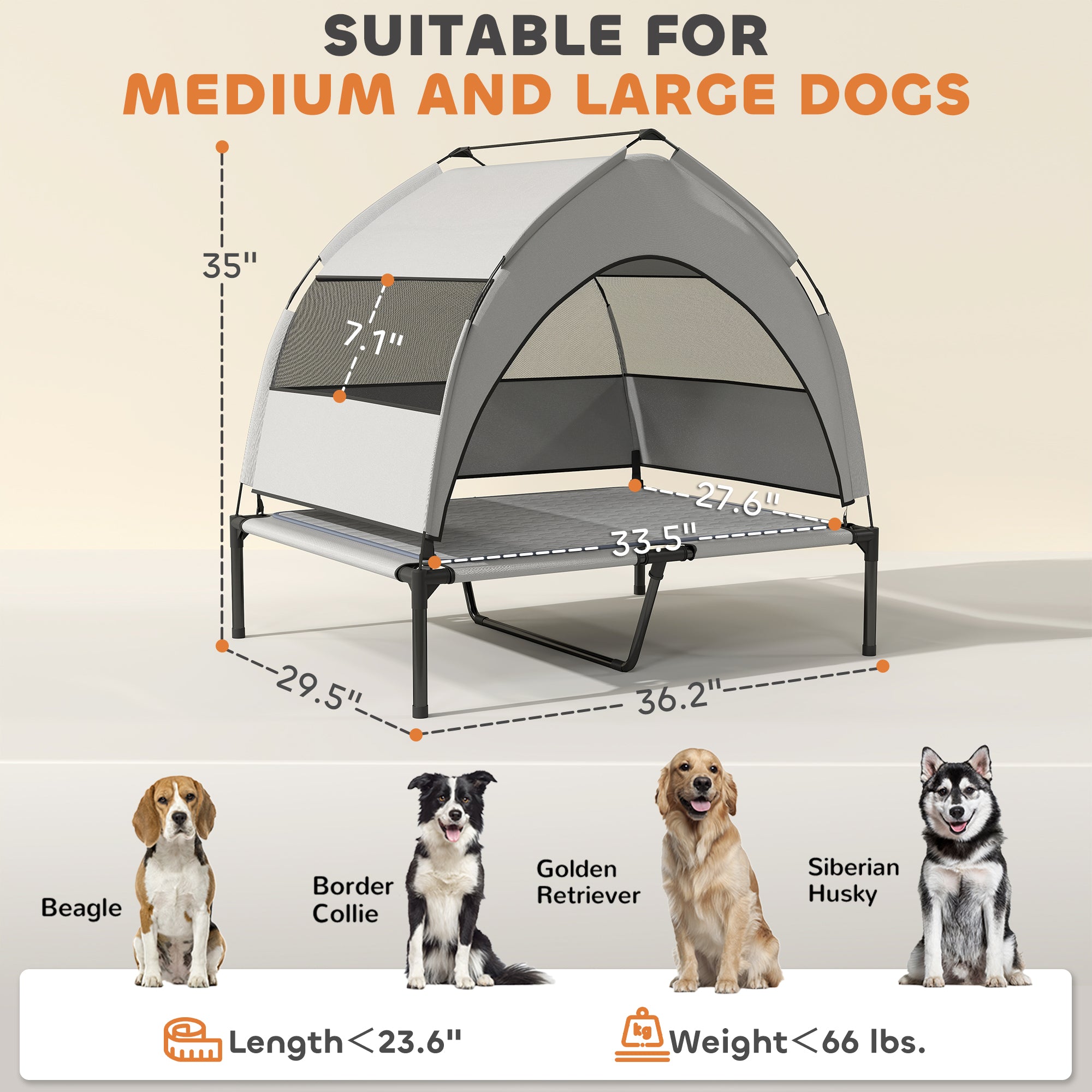 Elevated Dog Bed with Removable Canopy, Portable Outside Raised Pet Cot with Cooling Pad, Storage Bag, 36" x 29.5" x 35" - Light Gray - Image 3