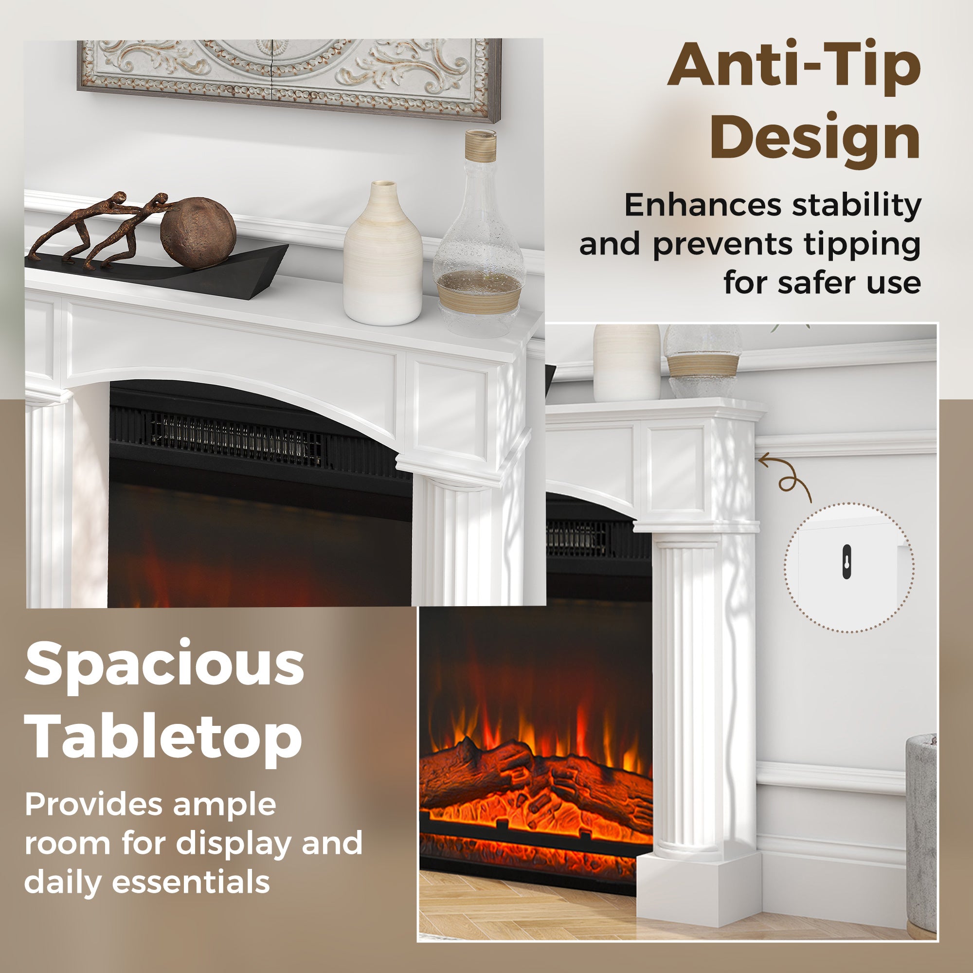 Modern Fireplace Mantel, Freestanding Fireplace Surround for Electric Fireplaces, 43.3" W x 39.8" H, White