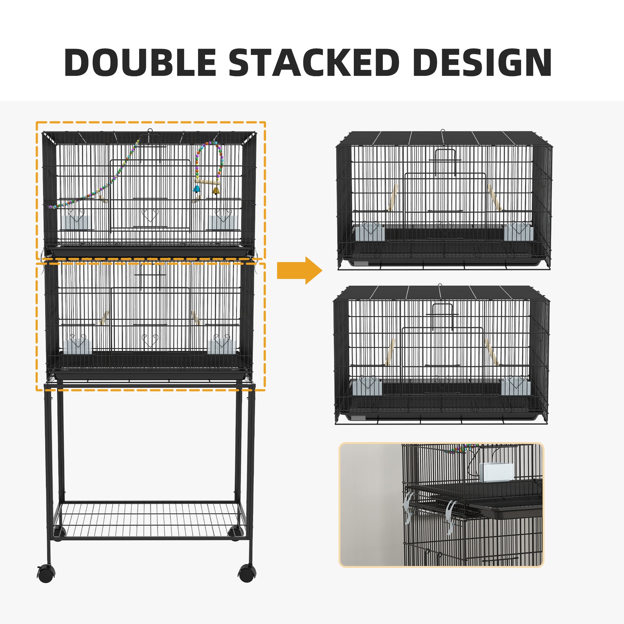 Double Stackable Bird Cage on Wheels w/ Stand, for Canaries - Black - Image 7