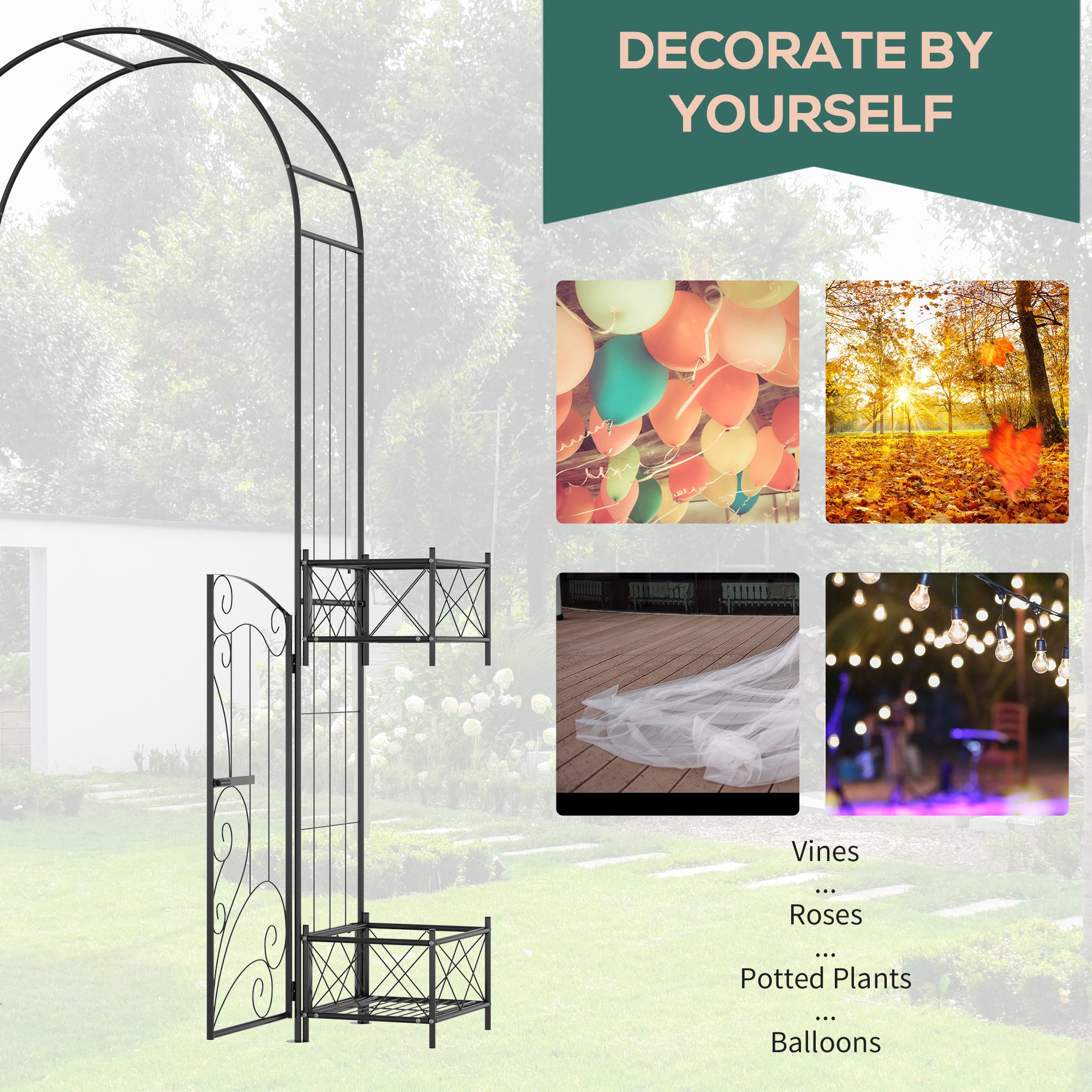 7' Garden Arch Arbor, Metal Arch Trellis with Gate, Garden Archway for Climbing Vines, Wedding Ceremony Decoration, Black - Black - Image 4
