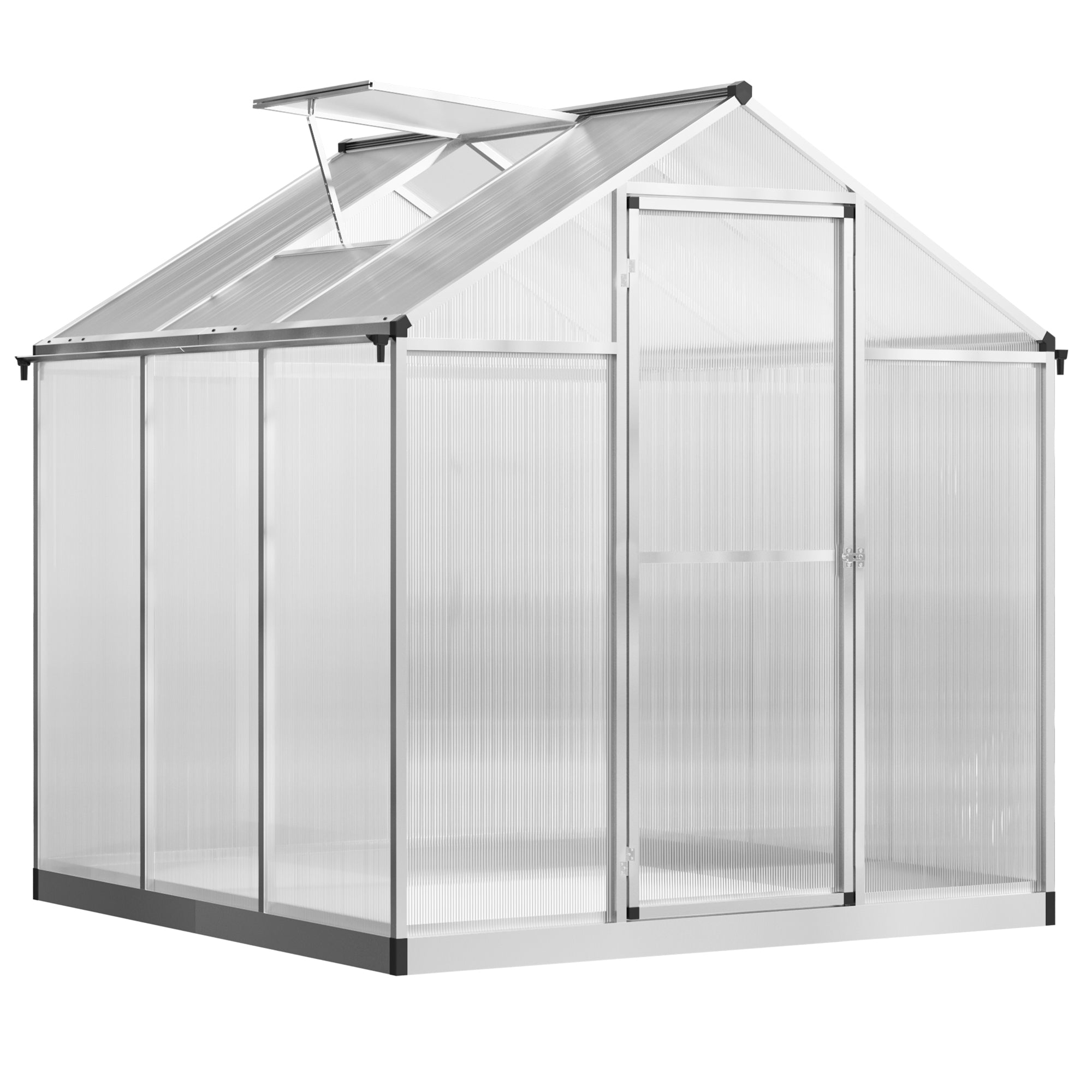 6' L x 6' W Walk-In Polycarbonate Greenhouse with Roof Vent for Ventilation & Rain Gutter for Winter - Silver