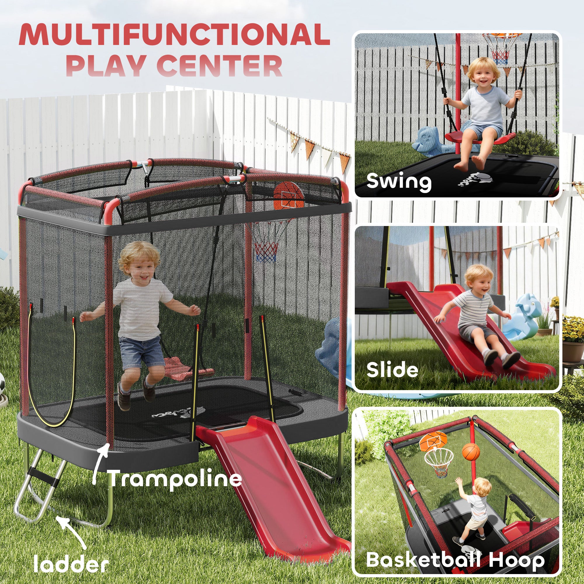 4 x 6FT Trampoline for Kids Indoor & Outdoor with Slide, Swing, Basketball Hoop and Safety Enclosure, Red