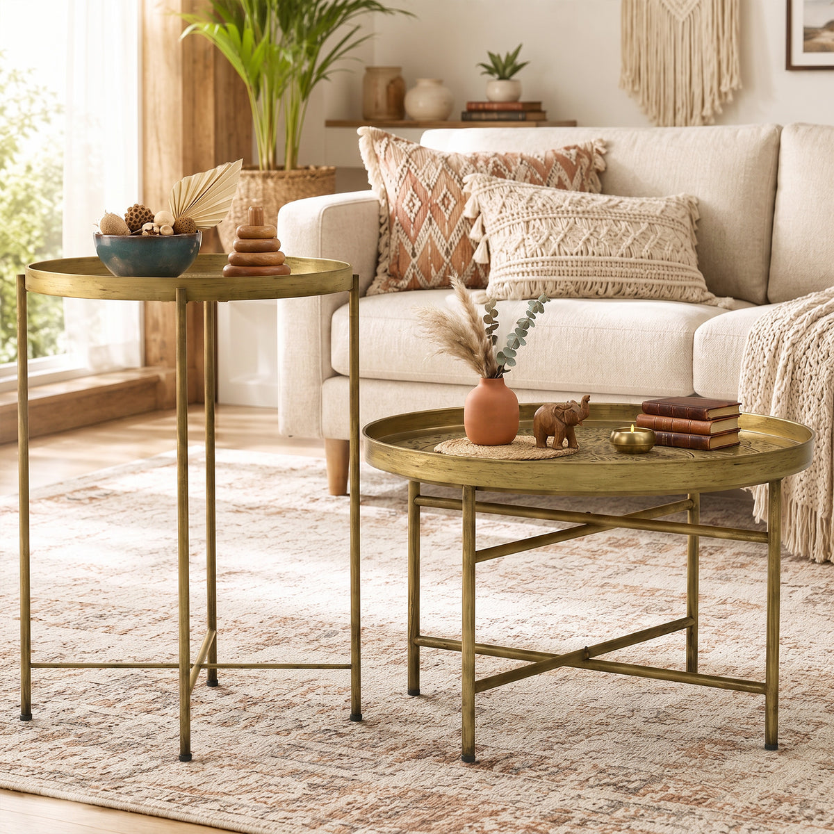 Coffee Table Set for Living Room, Round Center Table Set with Hammered Tray Top and Metal Frame for Bedroom, Gold