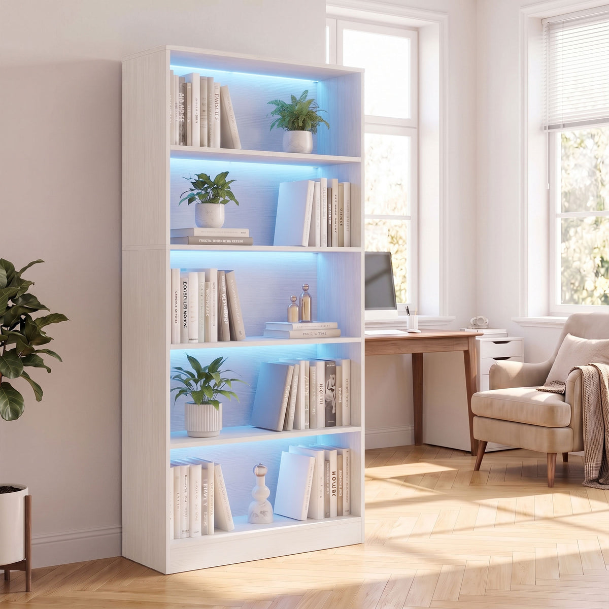 Bookshelf with LED Lights, 5-Tier Bookcase, Cable Holes, for Living Room, Study, White Wood Grain