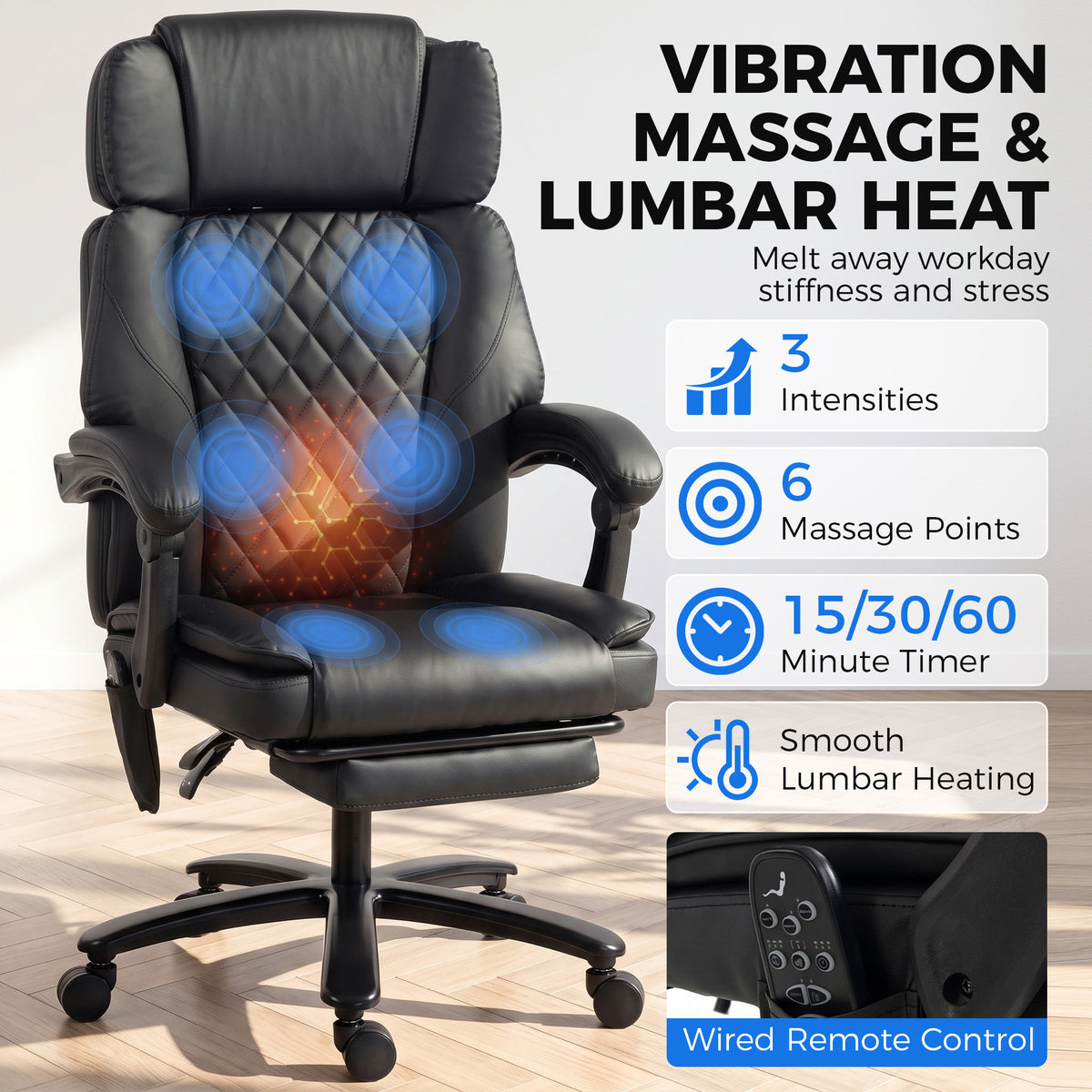 Massage Office Chair with Heat, 400lbs Heavy Duty Desk Chair with Adjustable Headrest, Reclining, Footrest, Black