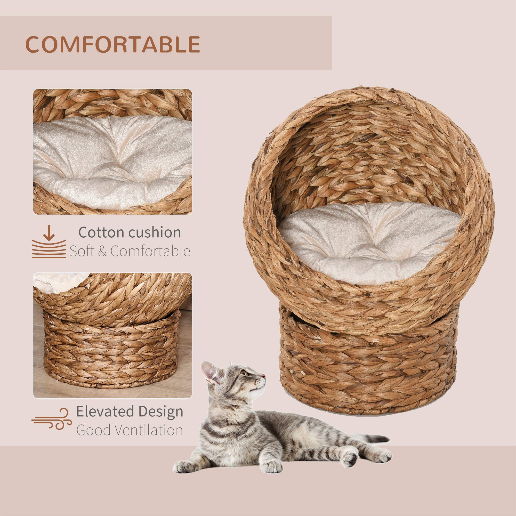 Handwoven Elevated Cat Bed with Soft Cushion & Egg Chair Shape, Basket Bed Kitty House with Stand, Raised Wicker House for Indoor Cats, 23.5" H, Light Brown - Brown - Image 4