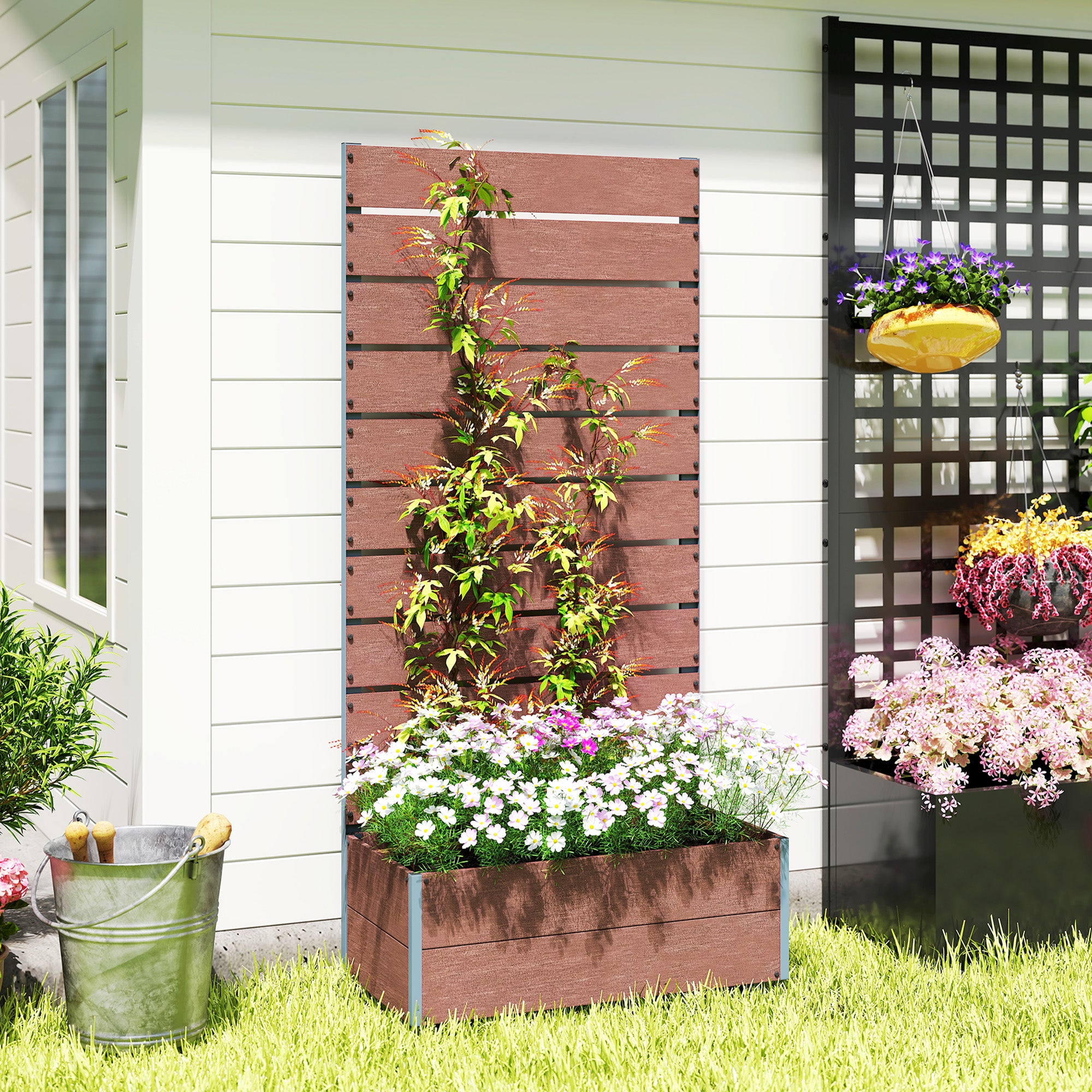 Trellis Planter for Climbing Plants, Raised Garden Bed with Trellis, Planter Box for Outdoor, 28.25" x 15" x 59", Brown - Brown - Image 8